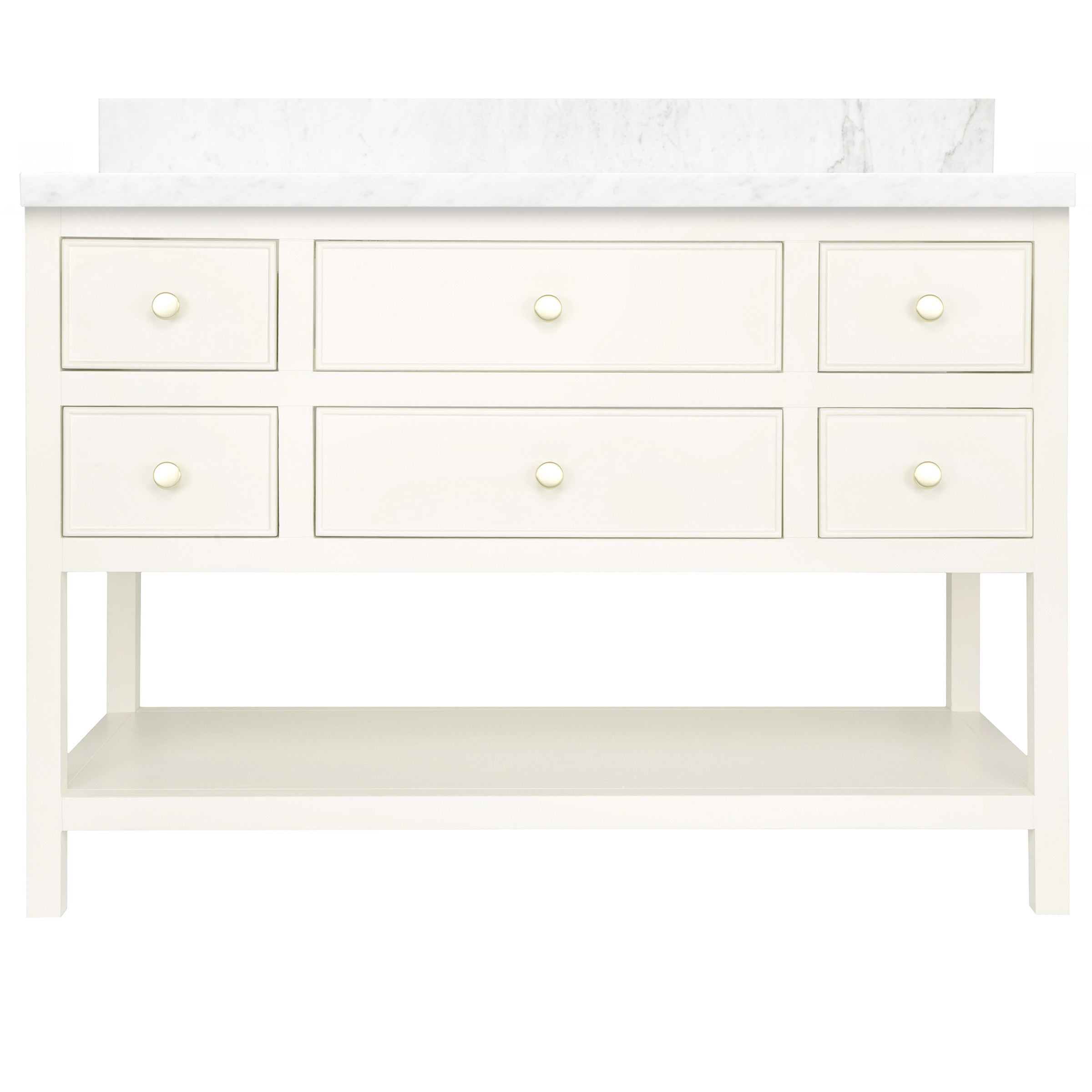 The Sunday Bathroom Vanity in white with six drawers, open lower shelf, and round knobs in a modern style