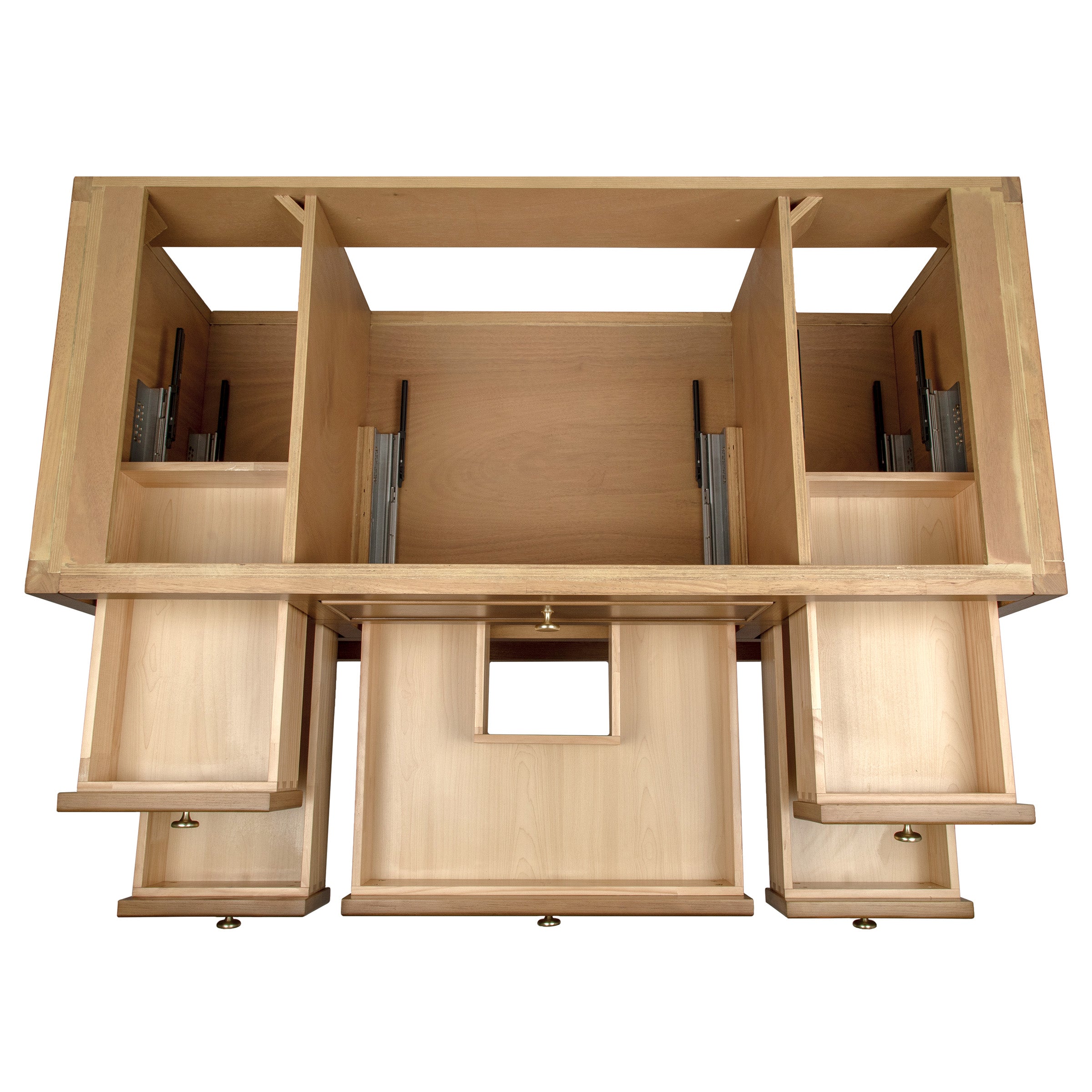 Top view of an unassembled wooden cabinet frame with multiple compartments and sliding drawer rails visible