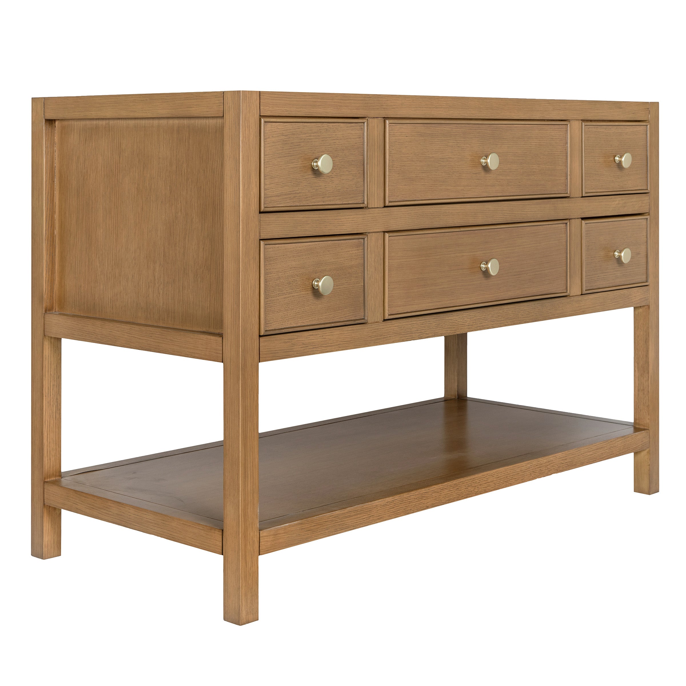 Wooden console table with six drawers and an open lower shelf in a natural oak finish