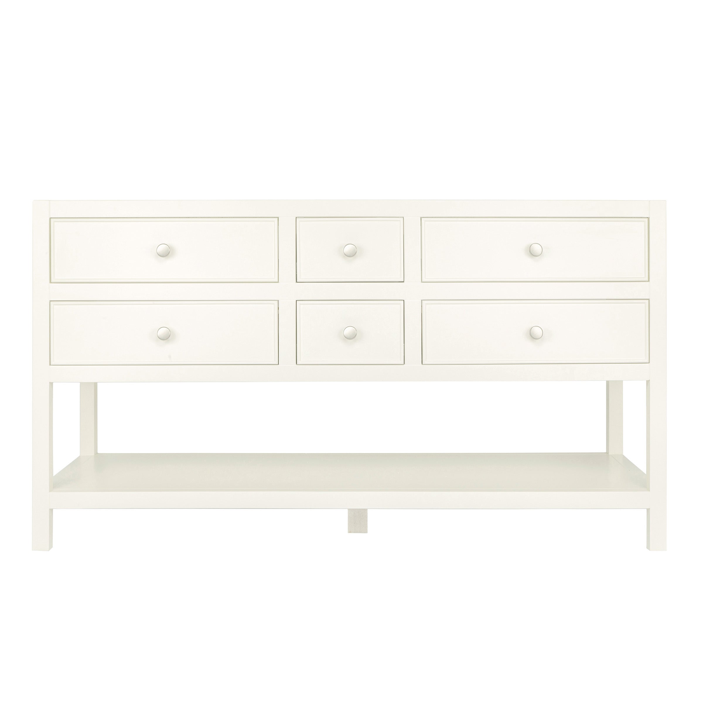 The Sunday Bathroom Vanity in grey with six drawers, open lower shelf, and round knobs for a relaxed style.