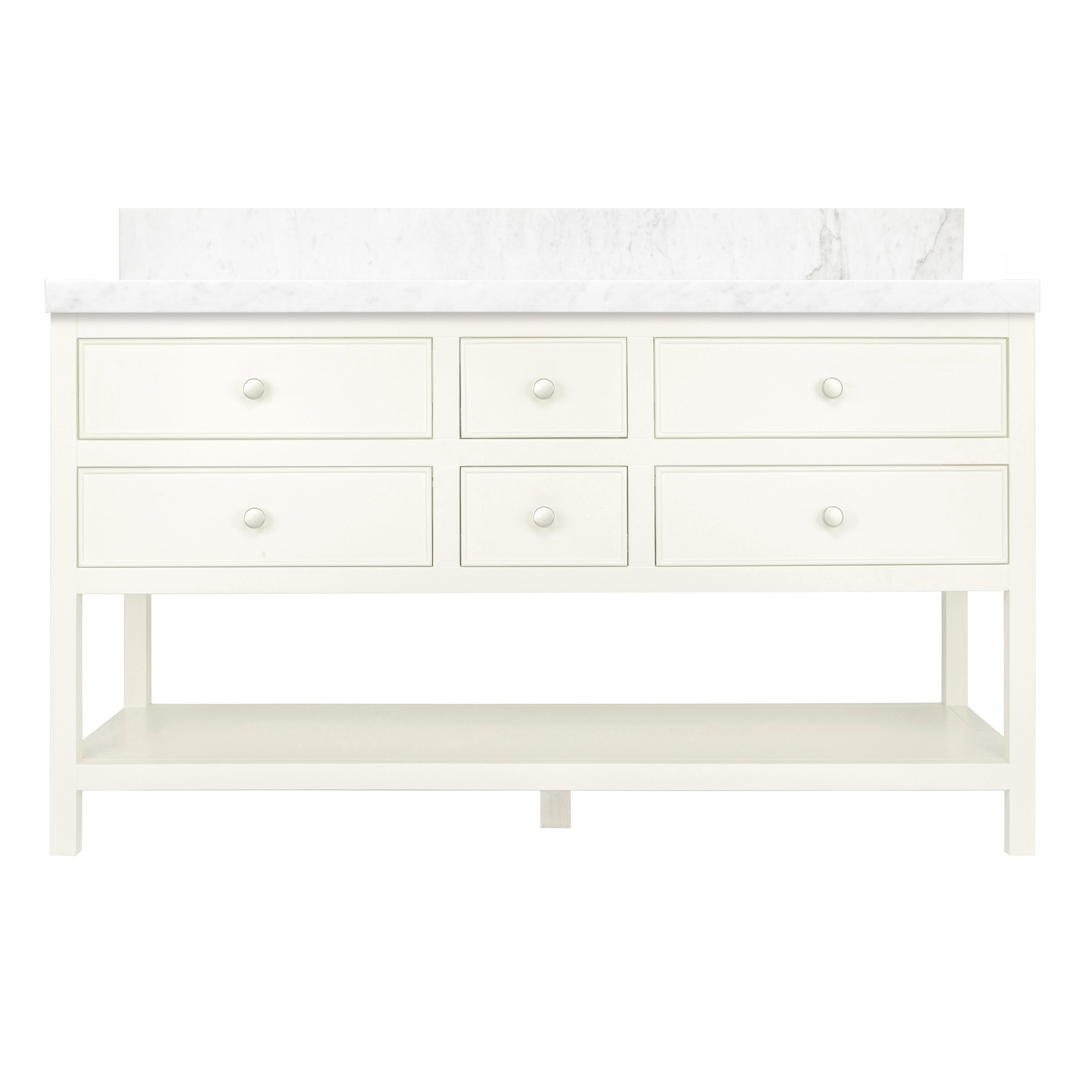 The Sunday Bathroom Vanity in soft white with multiple drawers and open lower shelf, part of Bathroom Vanities collection