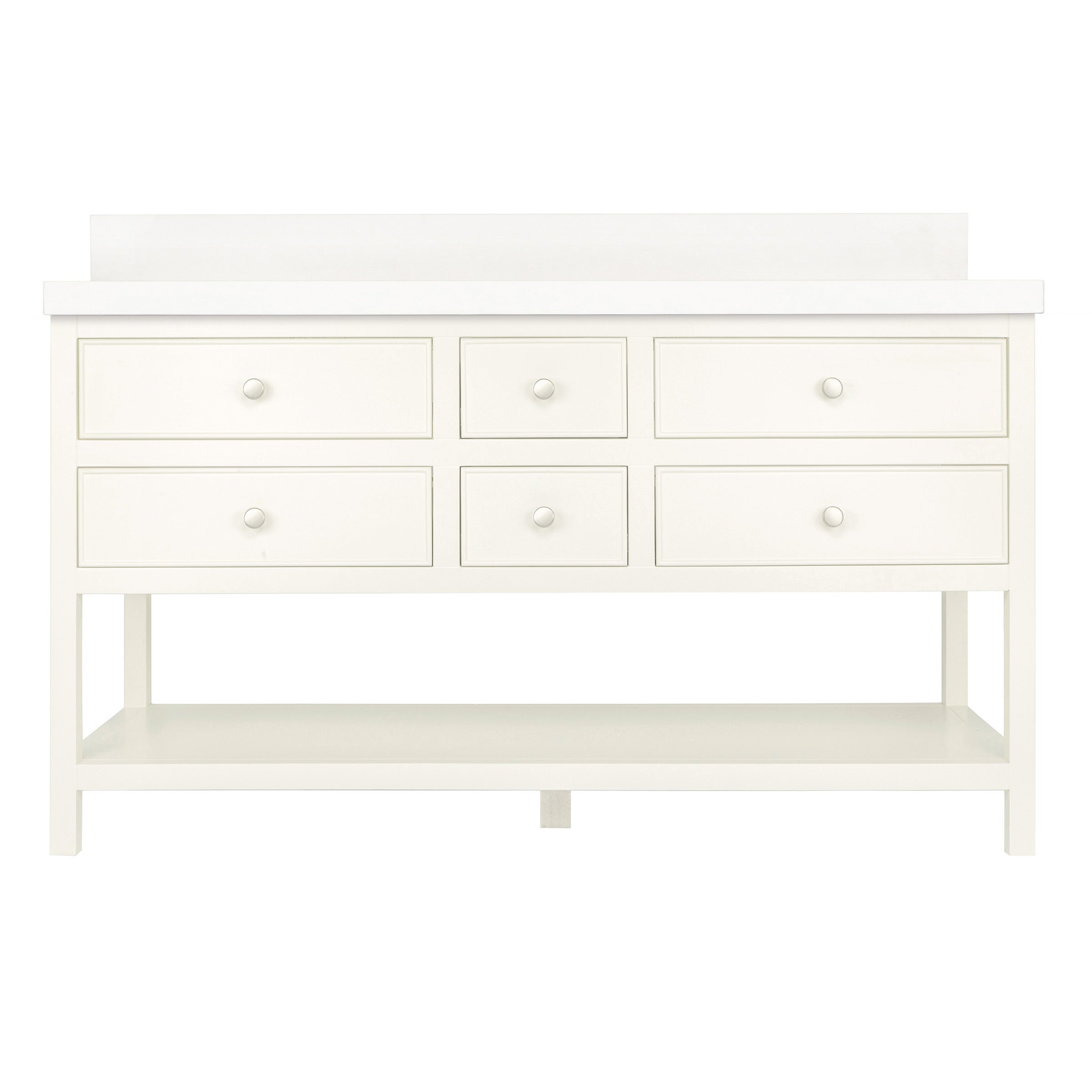 The Sunday Bathroom Vanity in grey with drawers, open shelf, and round knobs from Bathroom Vanities collection.