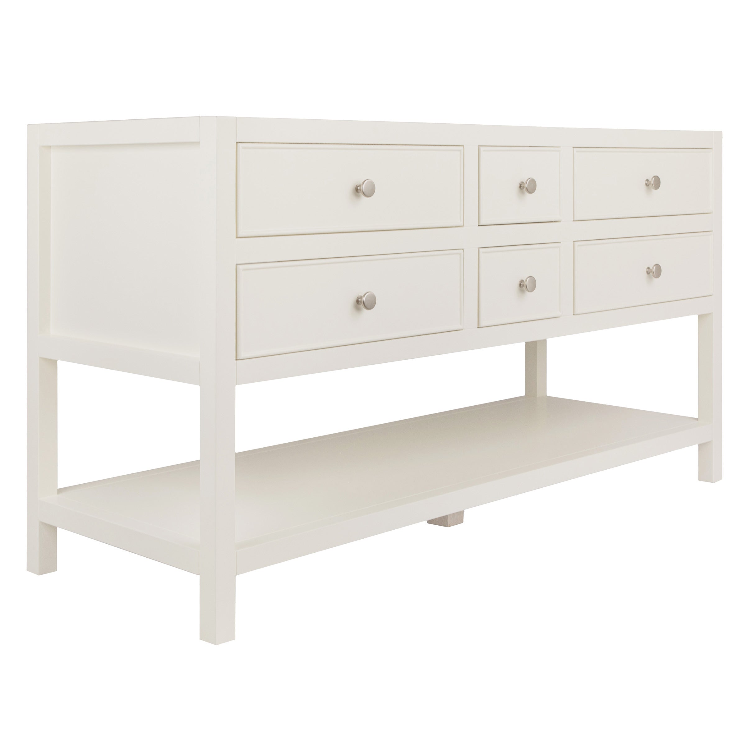 Angled view of a white wooden console table with six drawers and an open lower shelf for storage.