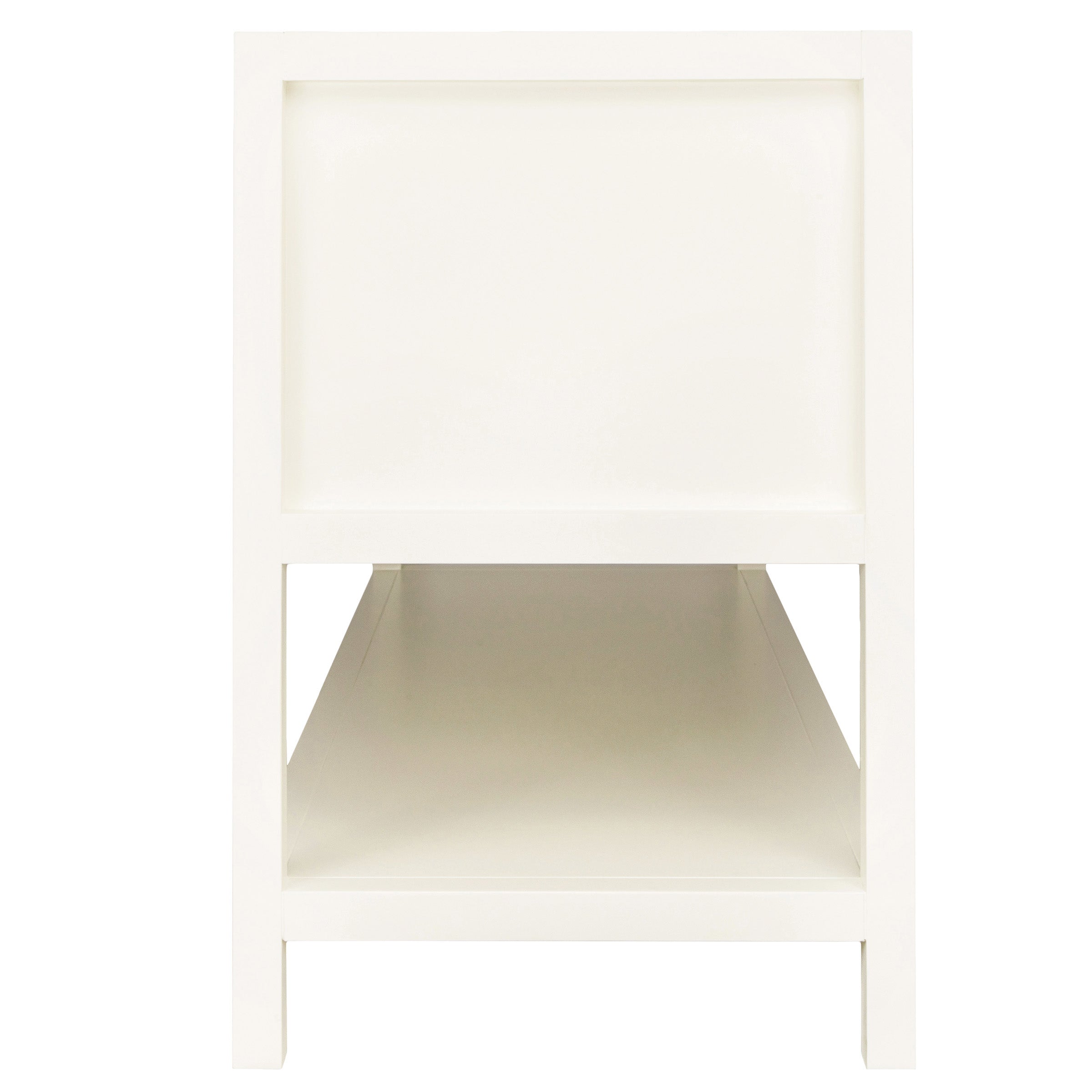 Minimalist white wooden table or shelving unit with an open lower shelf viewed from the front center.