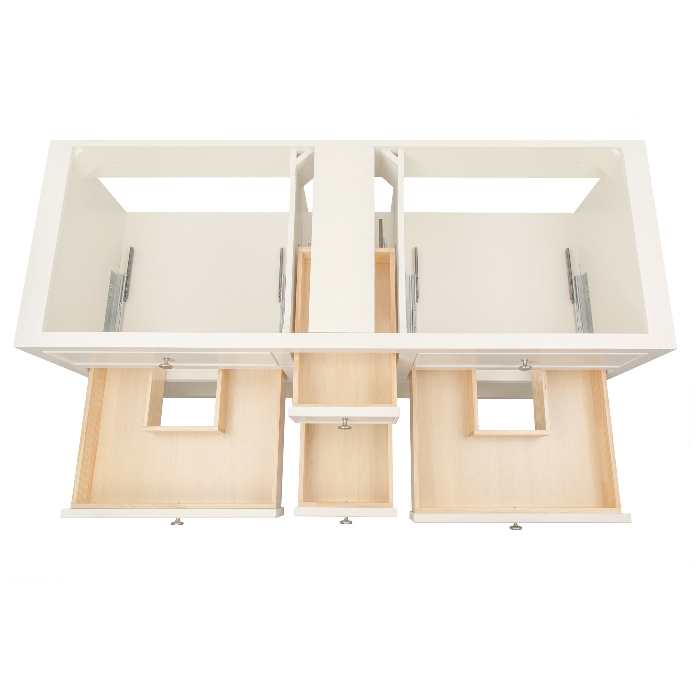 Top-down view of a white cabinet frame with three wooden pull-out drawers open, showing interior compartments.