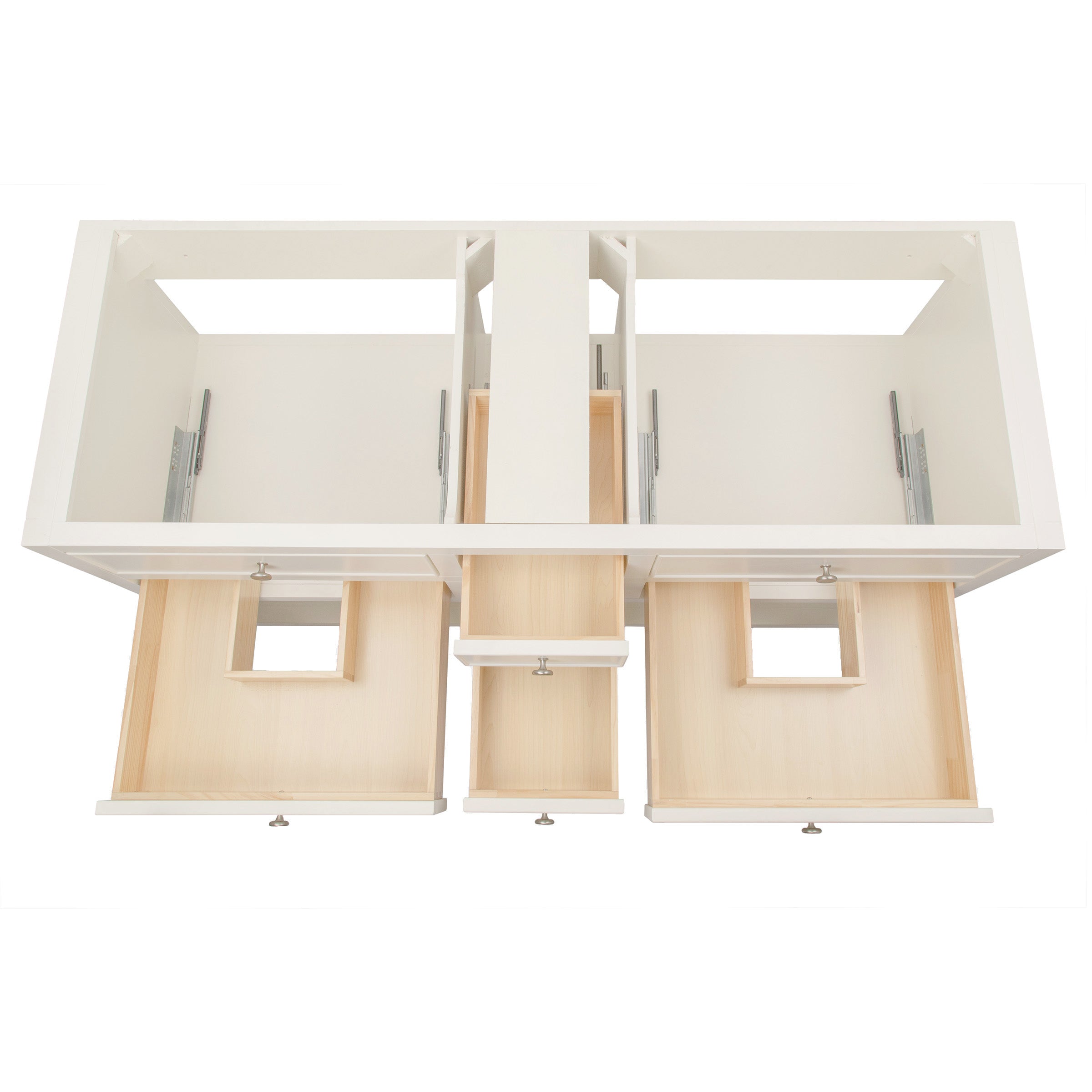 Top view of an open modern white vanity cabinet with three drawers and two open compartments inside.