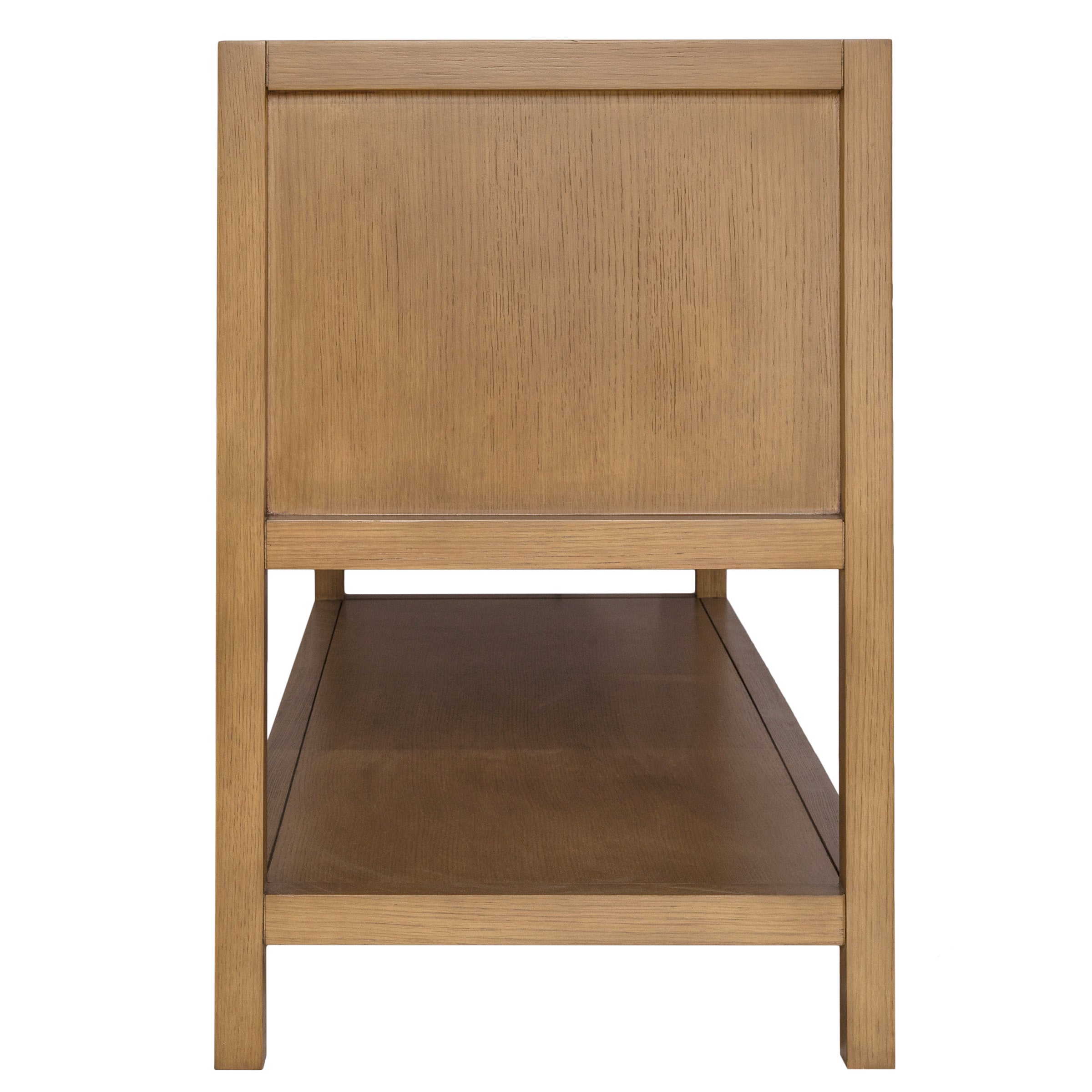 Side view of a wooden furniture piece with a shelf, highlighting its natural wood grain and simple design.