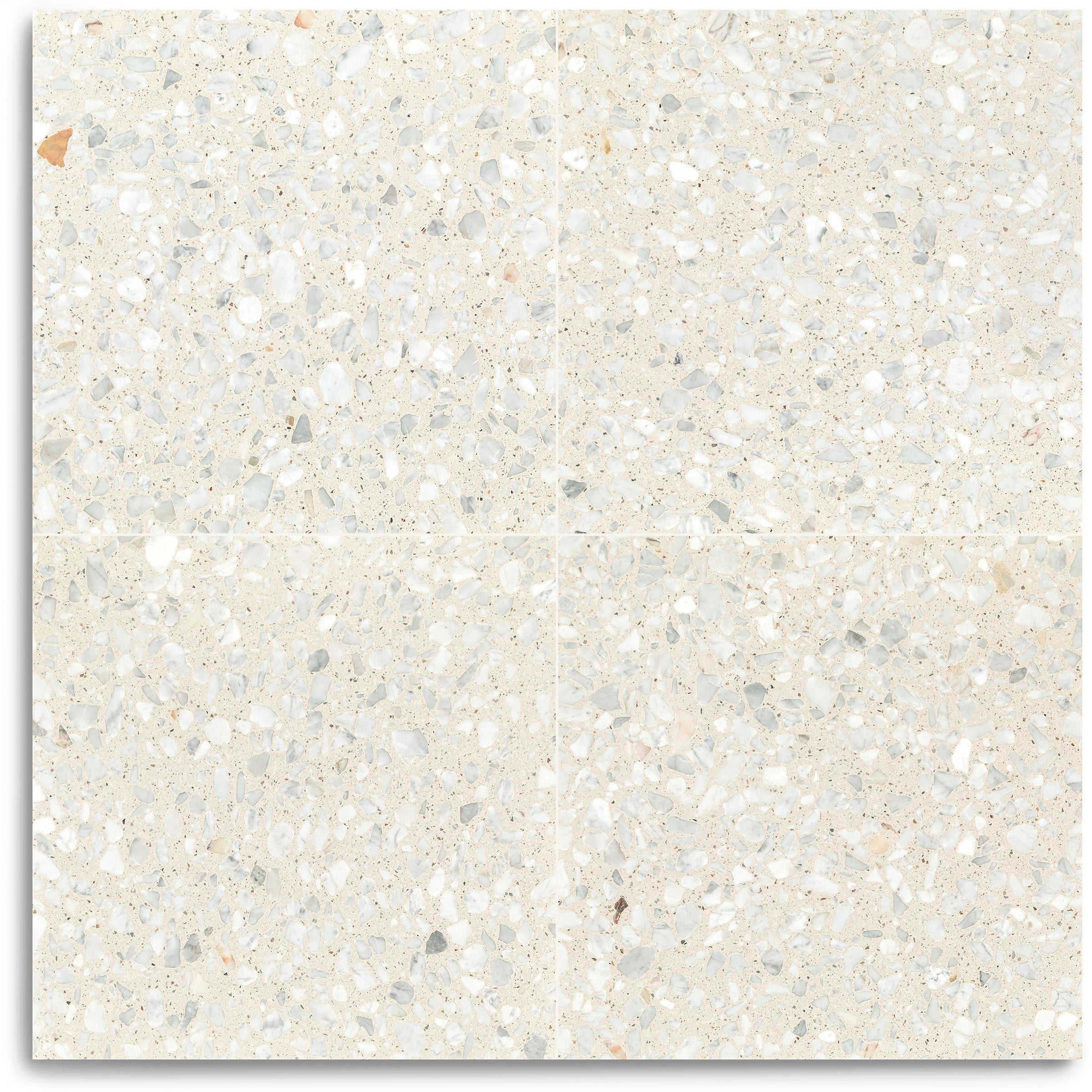 Pale terrazzo-style surface with a cream background and scattered stone chips