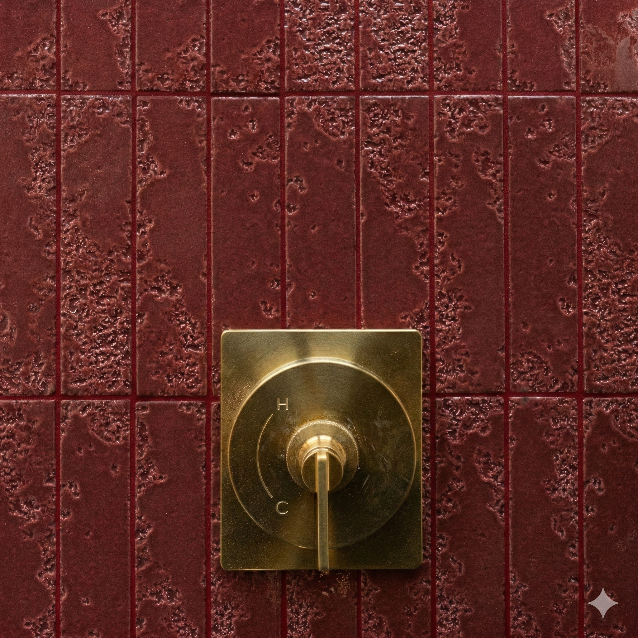 Textured deep burgundy rectangular tiles with vertical grout lines and a matte finish behind a brass temperature control valve