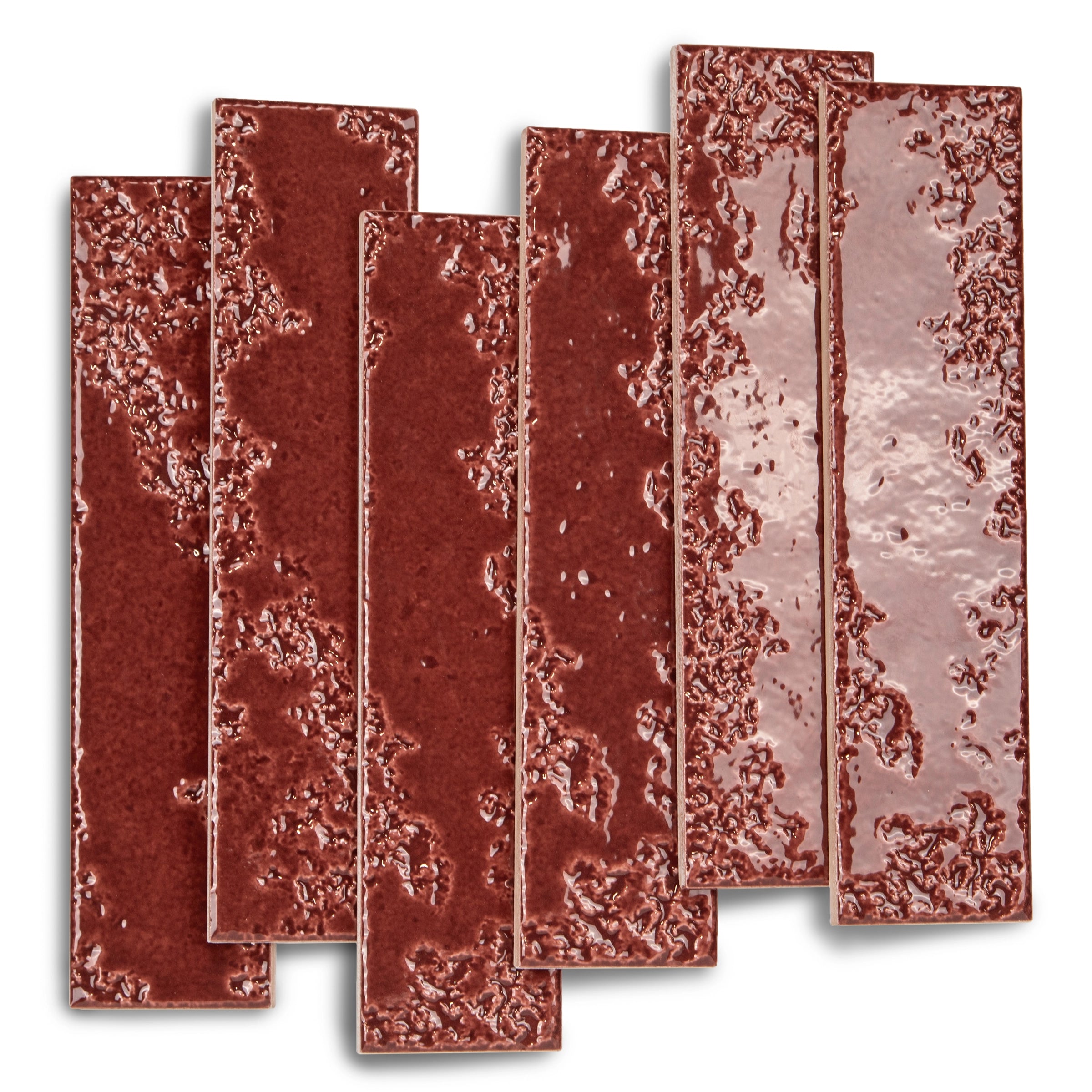 Glossy narrow rectangular terracotta tiles with uneven textured surfaces arranged in an overlapping pattern