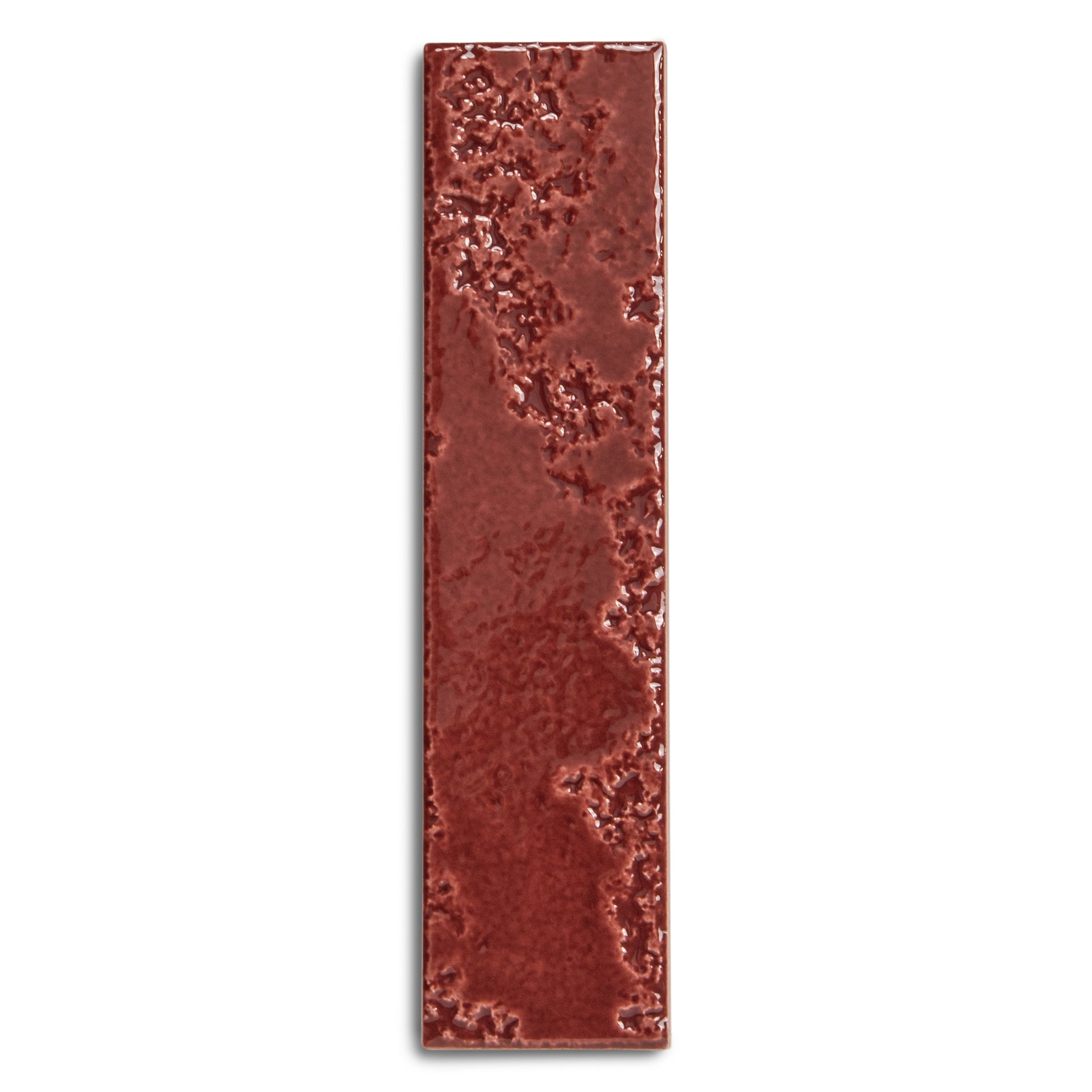 Glossy narrow ceramic tile in deep reddish brown with a textured, uneven surface on a white background