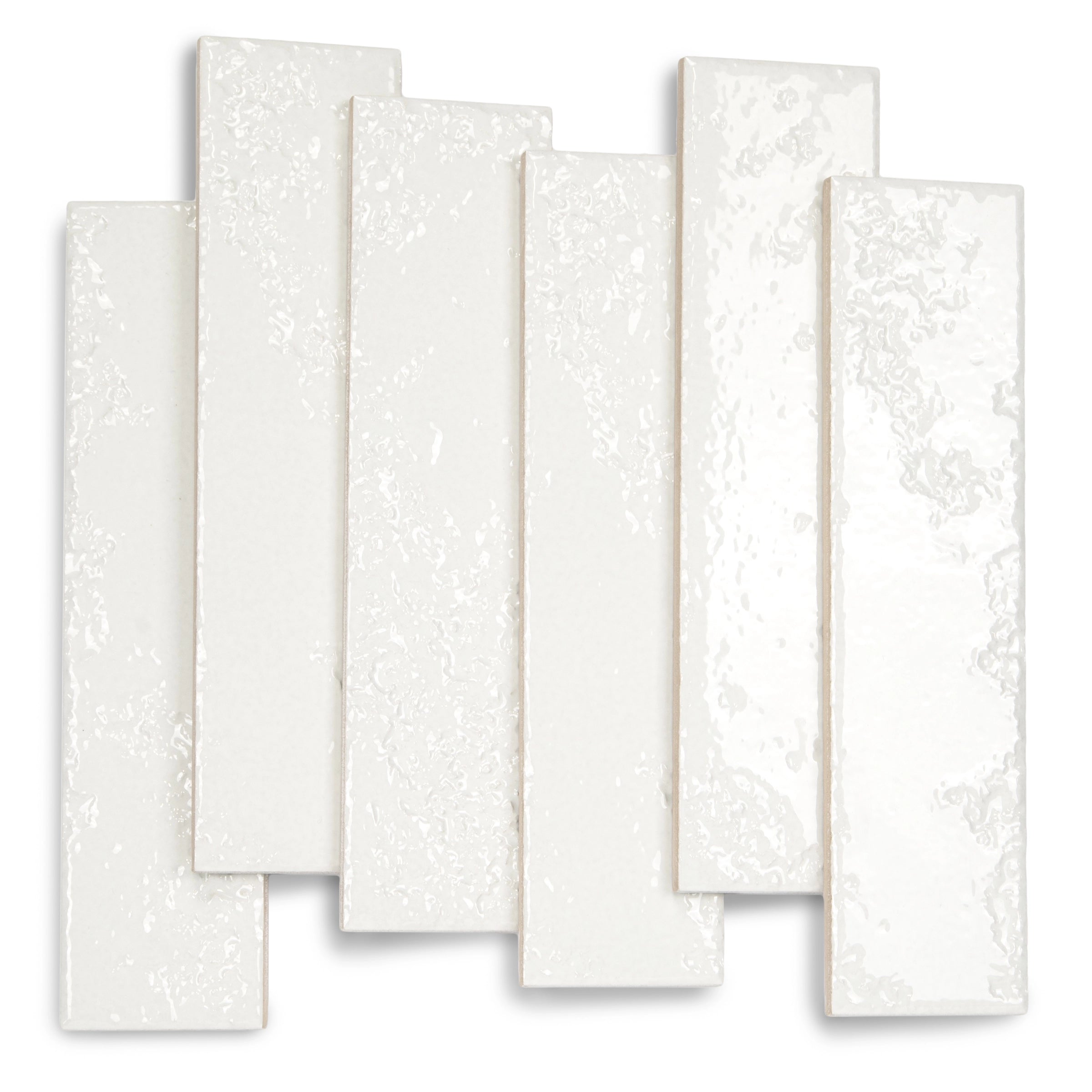 Glossy off-white elongated ceramic tiles with a subtle textured surface arranged overlapping for wall or backsplash designs