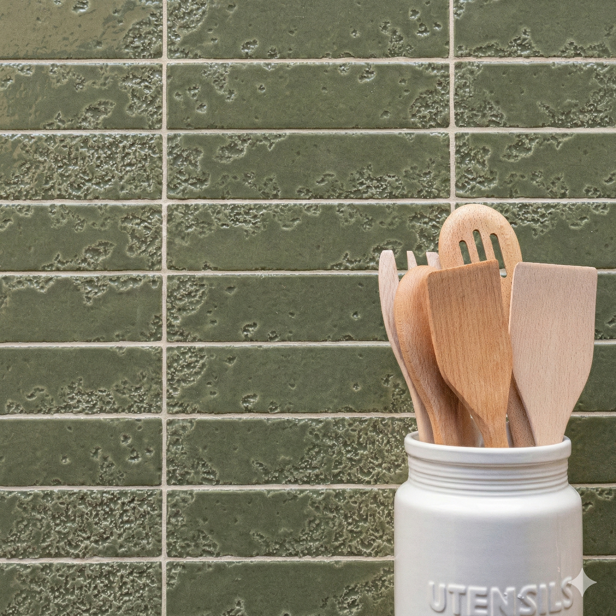 Textured olive green ceramic tiles with matte finish arranged in rectangular layout behind ceramic jar holding wooden kitchen utensils