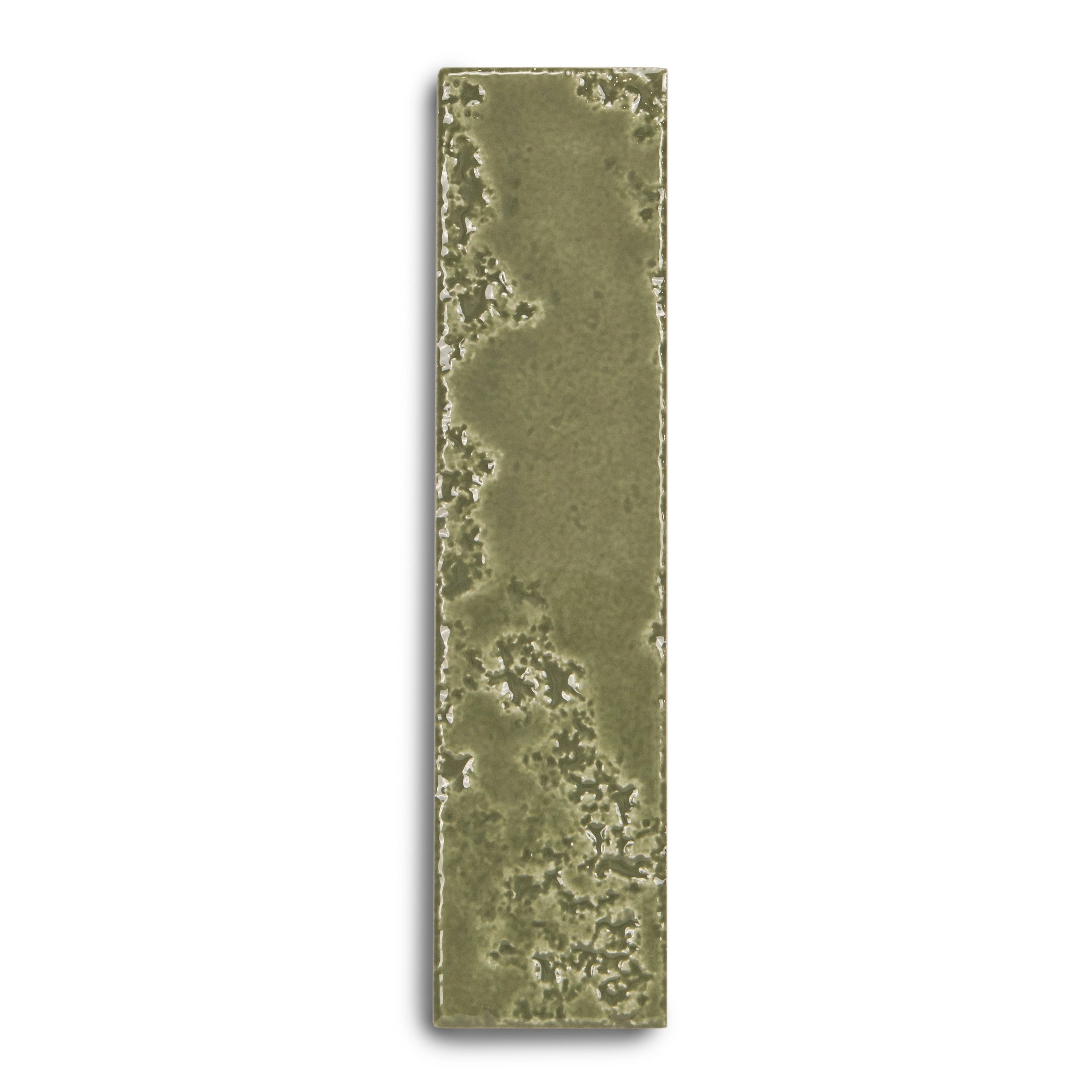 Long narrow green ceramic tile with irregular textured pattern and glossy finish for creative wall designs