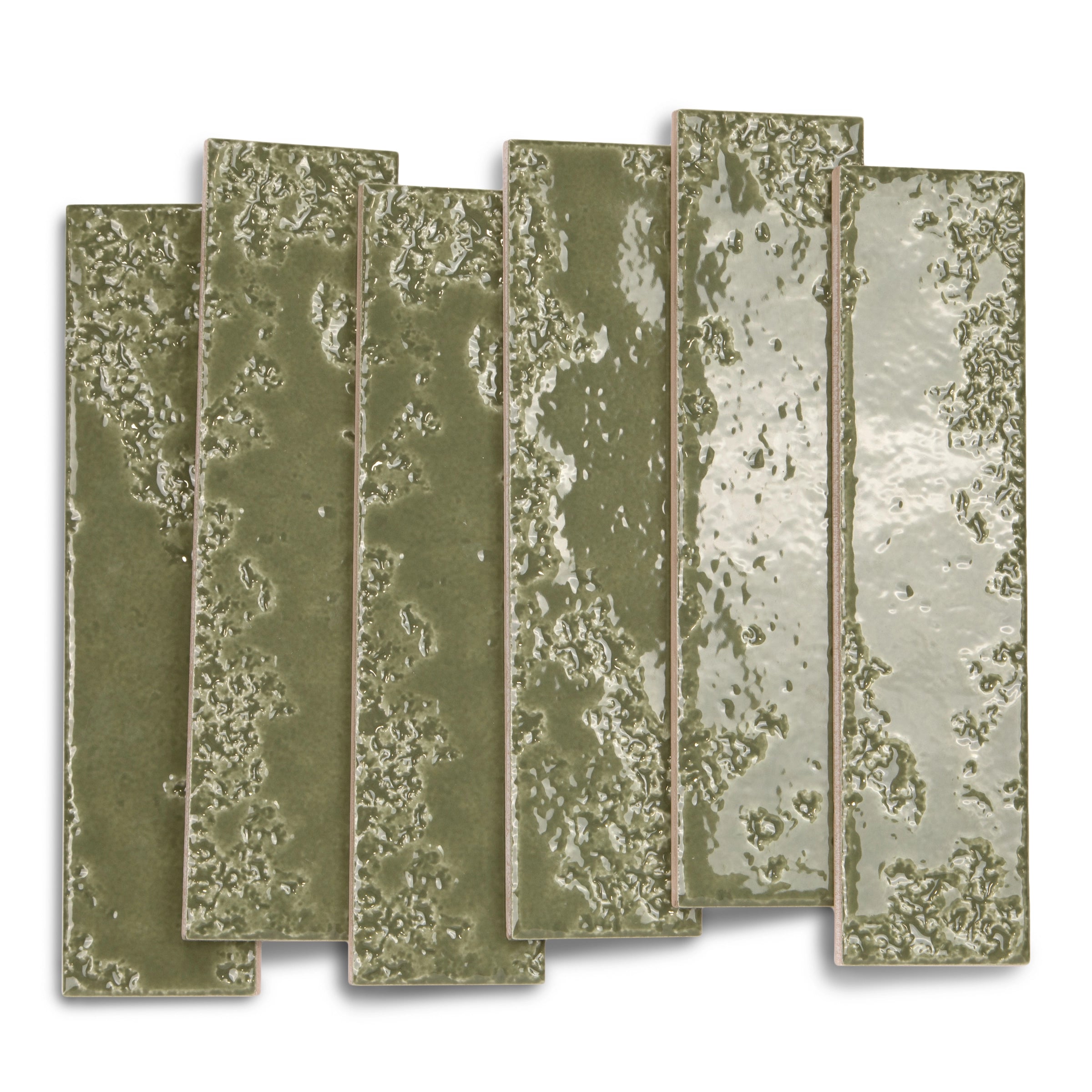Glossy olive green ceramic tiles with textured, uneven surfaces arranged in a staggered overlapping pattern