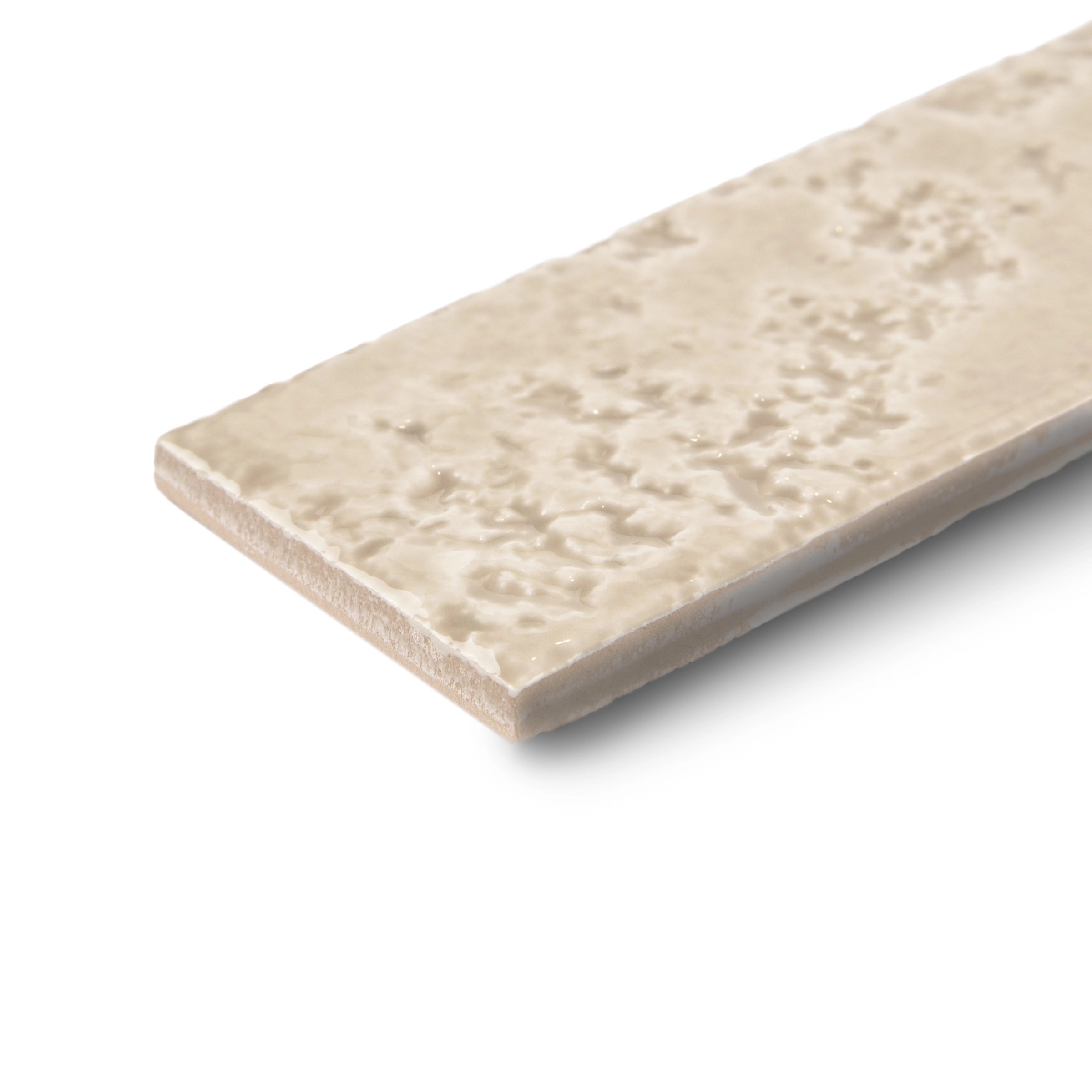 Beige ceramic tile with a subtle textured surface and glossy finish shown at an angle on a white background