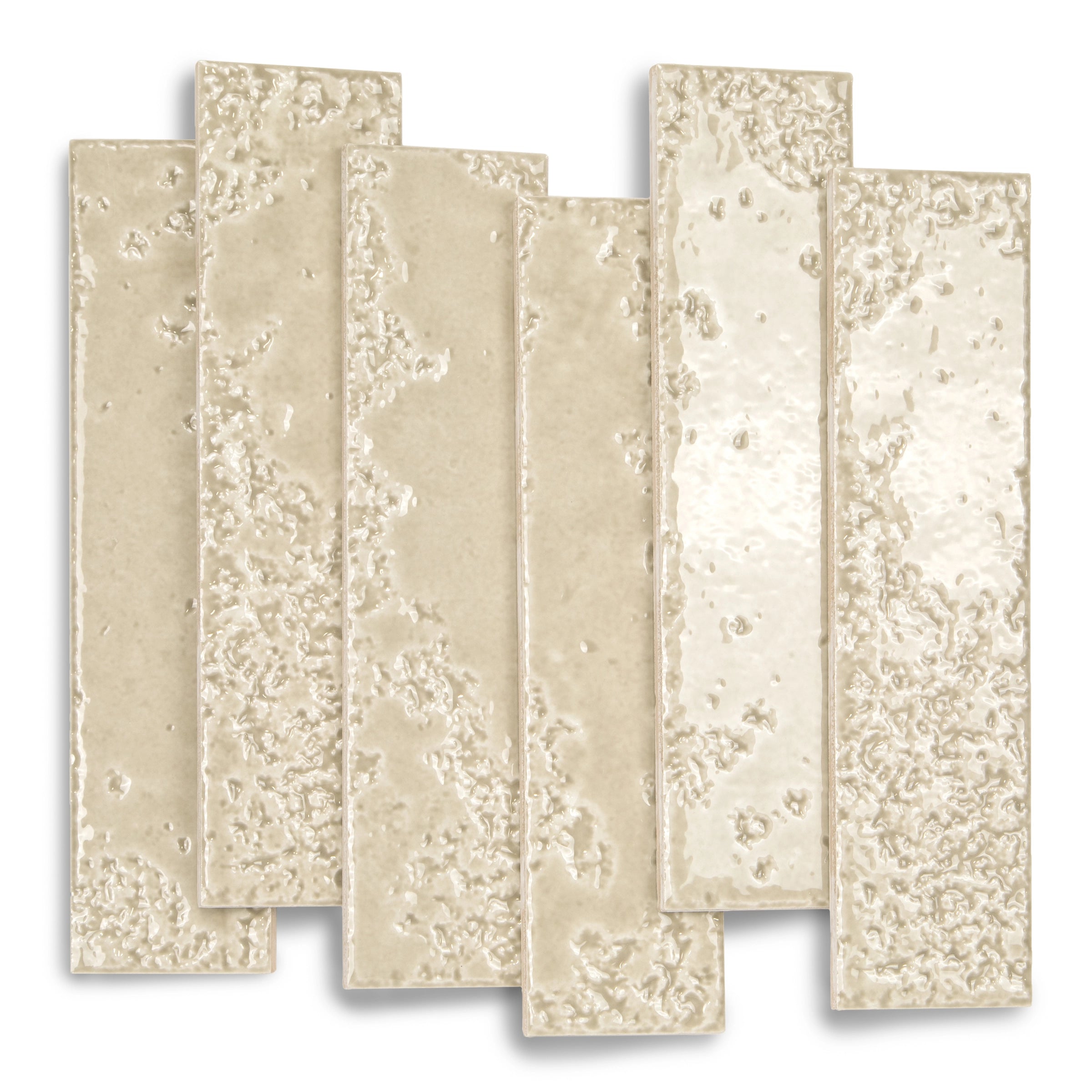 Glossy beige ceramic tiles with uneven textured surface arranged overlapping for modern wall or backsplash design