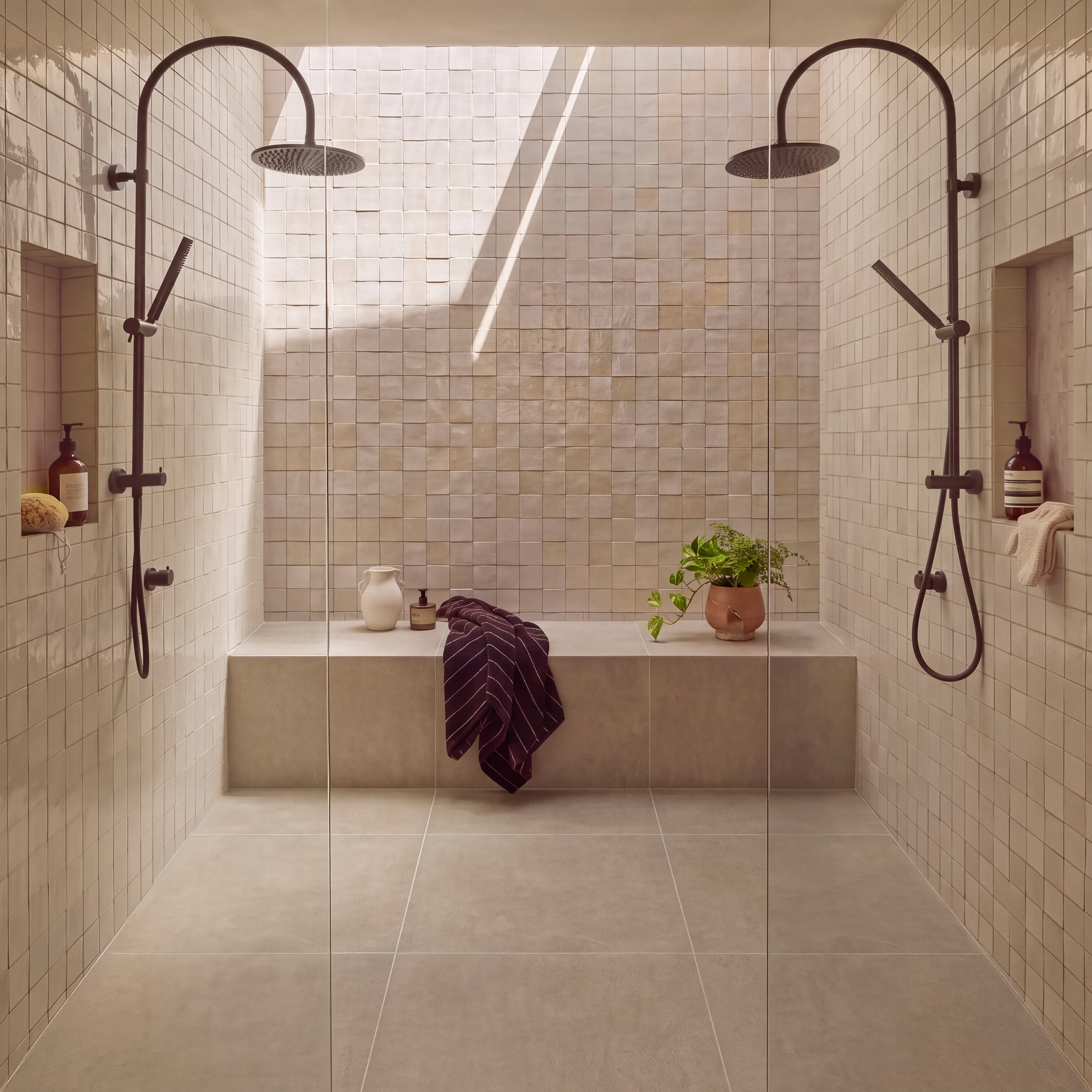 Walk-in bathroom with dual rainfall showers, beige square tiles, built-in bench, potted plant, and glass partition