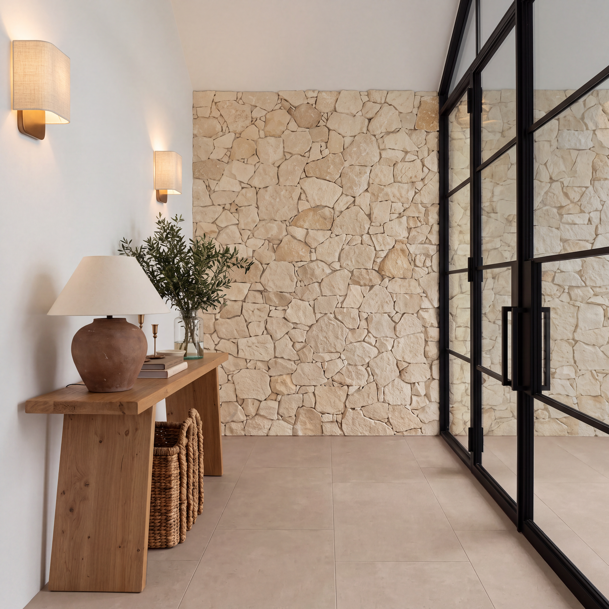 Warm entryway with a natural stone wall beige tile flooring and black framed glass doors