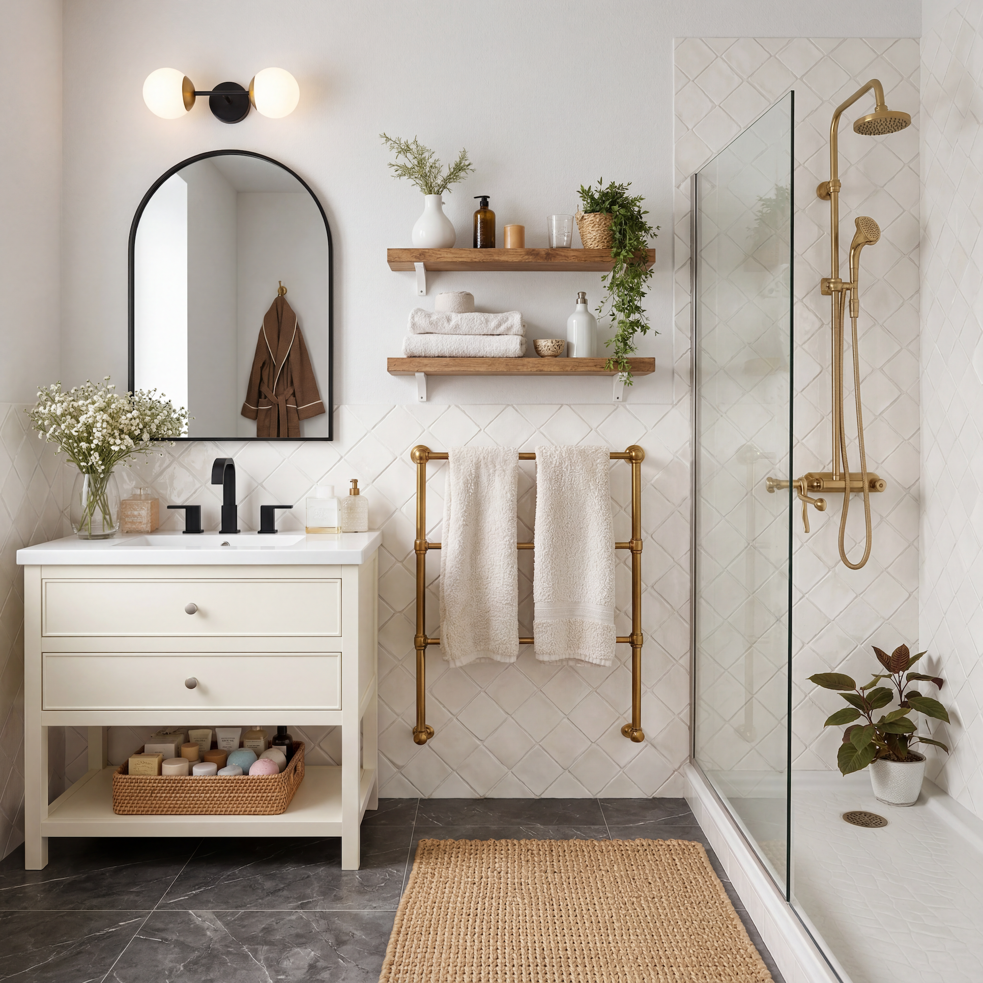 Bathroom with cream vanity, black fixtures, brass towel rack, glass shower with brass fittings, wooden shelves, and woven rug