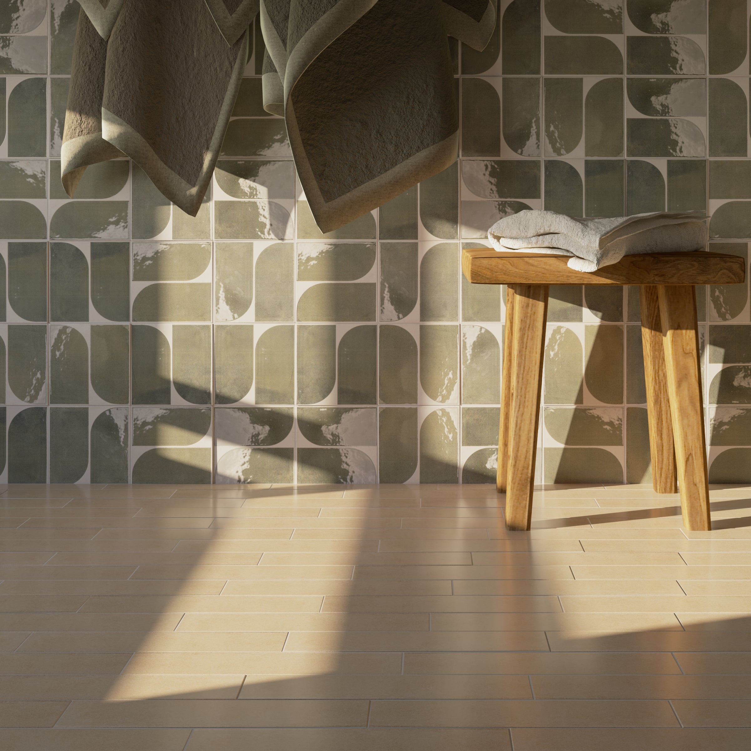 Tracks Gloss Porcelain Tile with green and white geometric pattern from Small Format Tiles and Artifacts Porcelain Tile collections