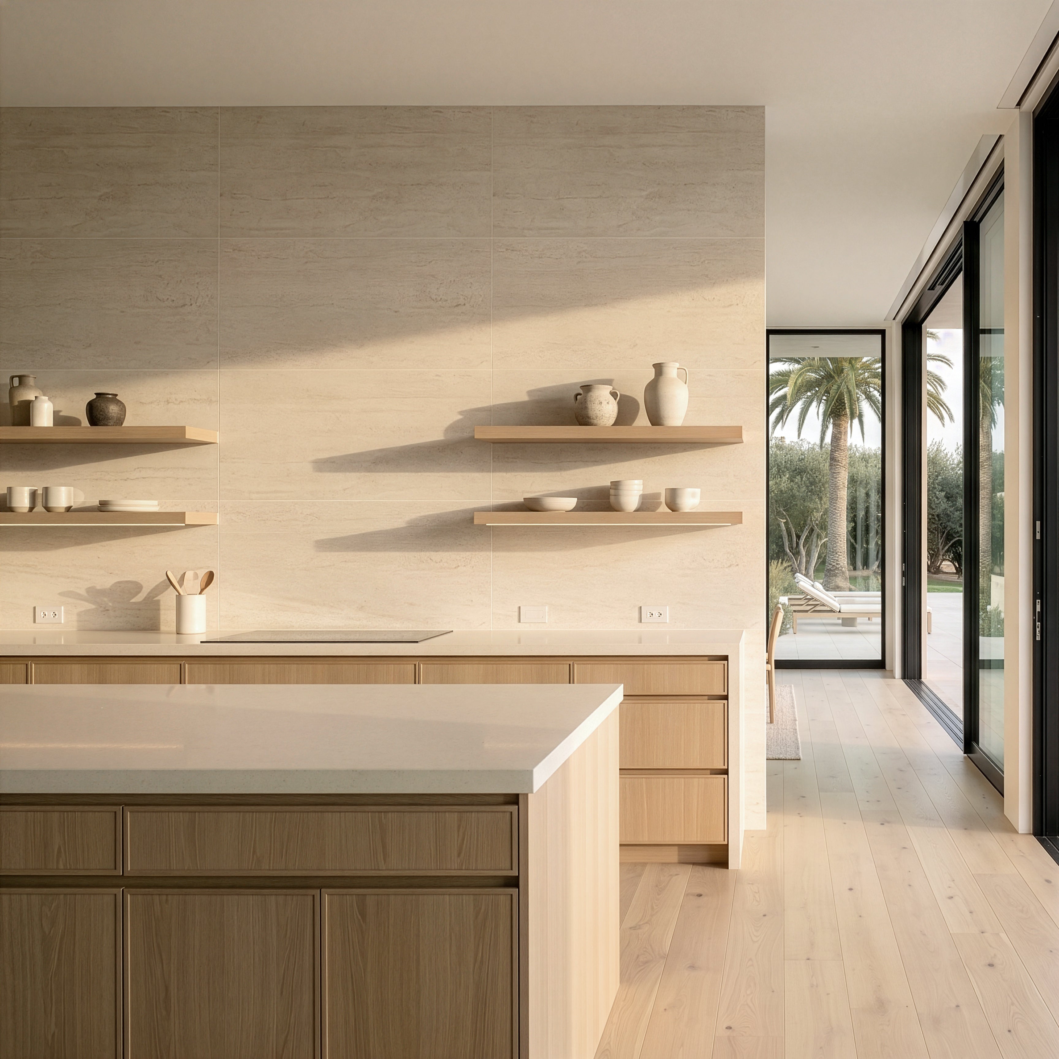 Minimalist kitchen with light wood cabinetry, white countertop, floating shelves with ceramics, and large glass doors showing outdoor palm trees.