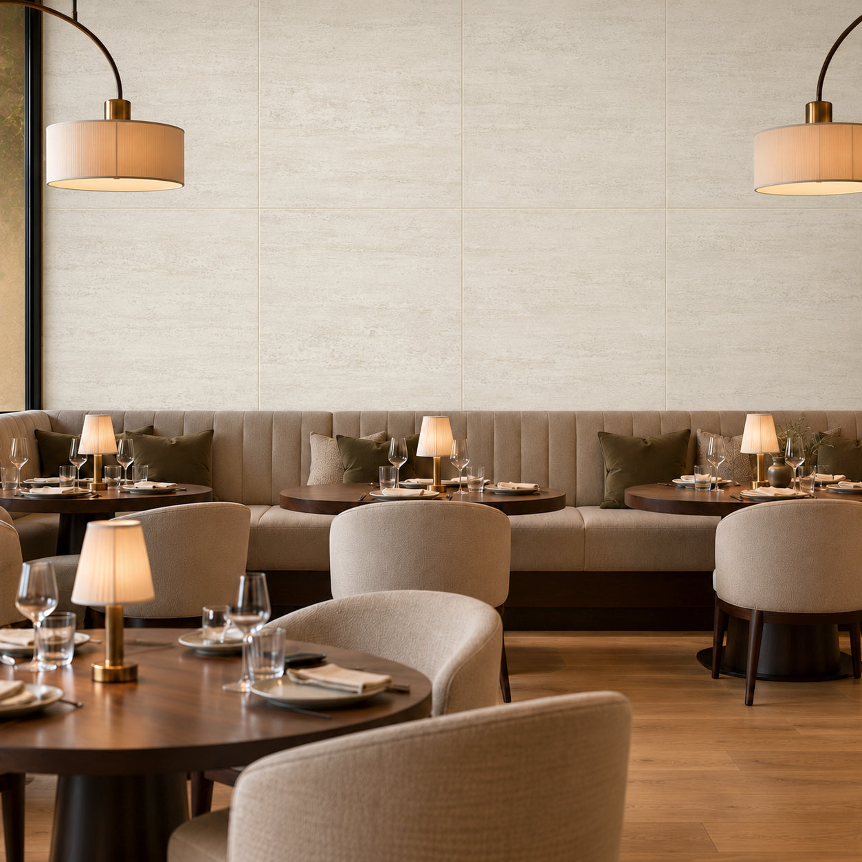 Restaurant dining room with upholstered seating, wooden tables, pendant lights, and a textured stone wall