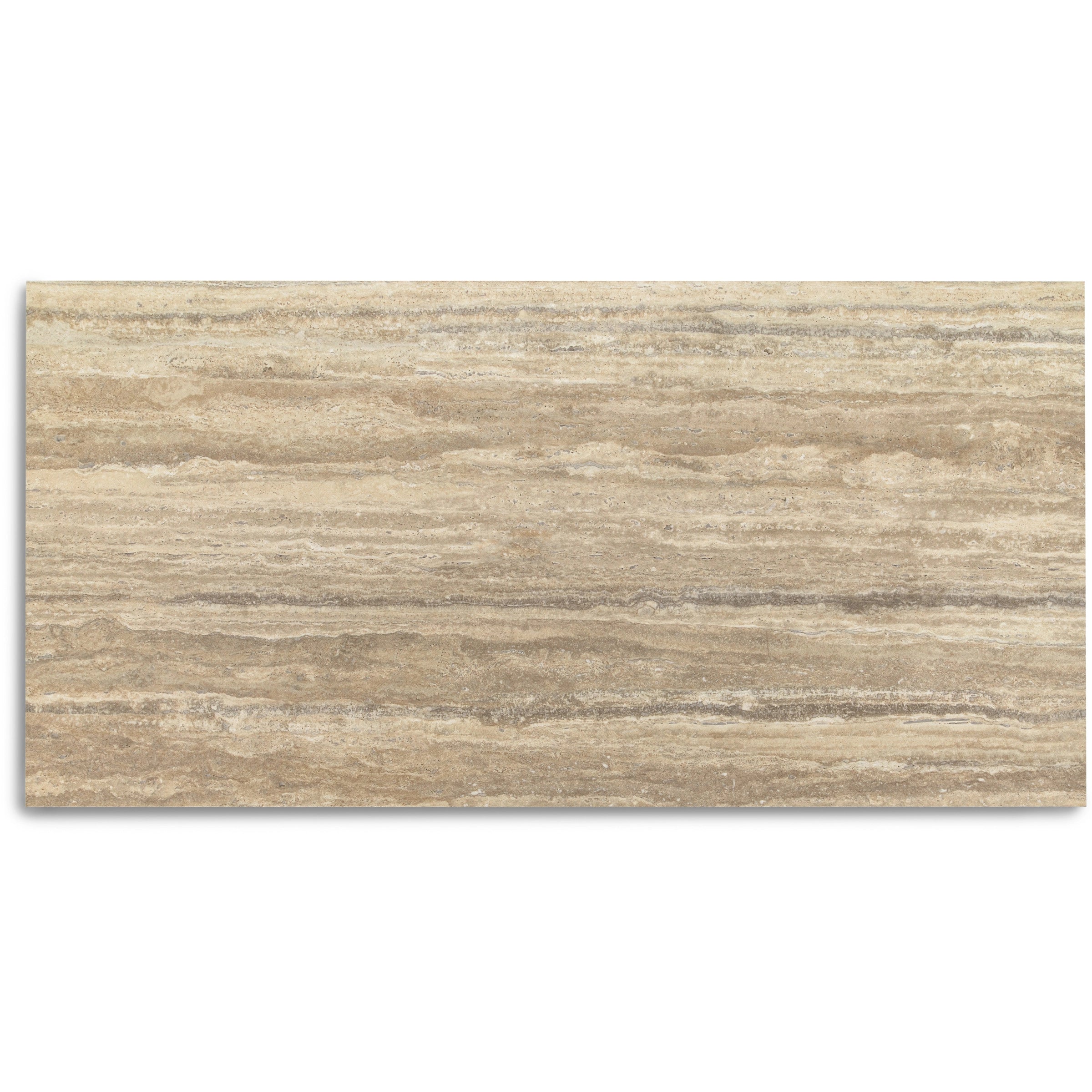 Rectangular ceramic tile featuring natural travertine texture with horizontal layers in soft beige and taupe tones