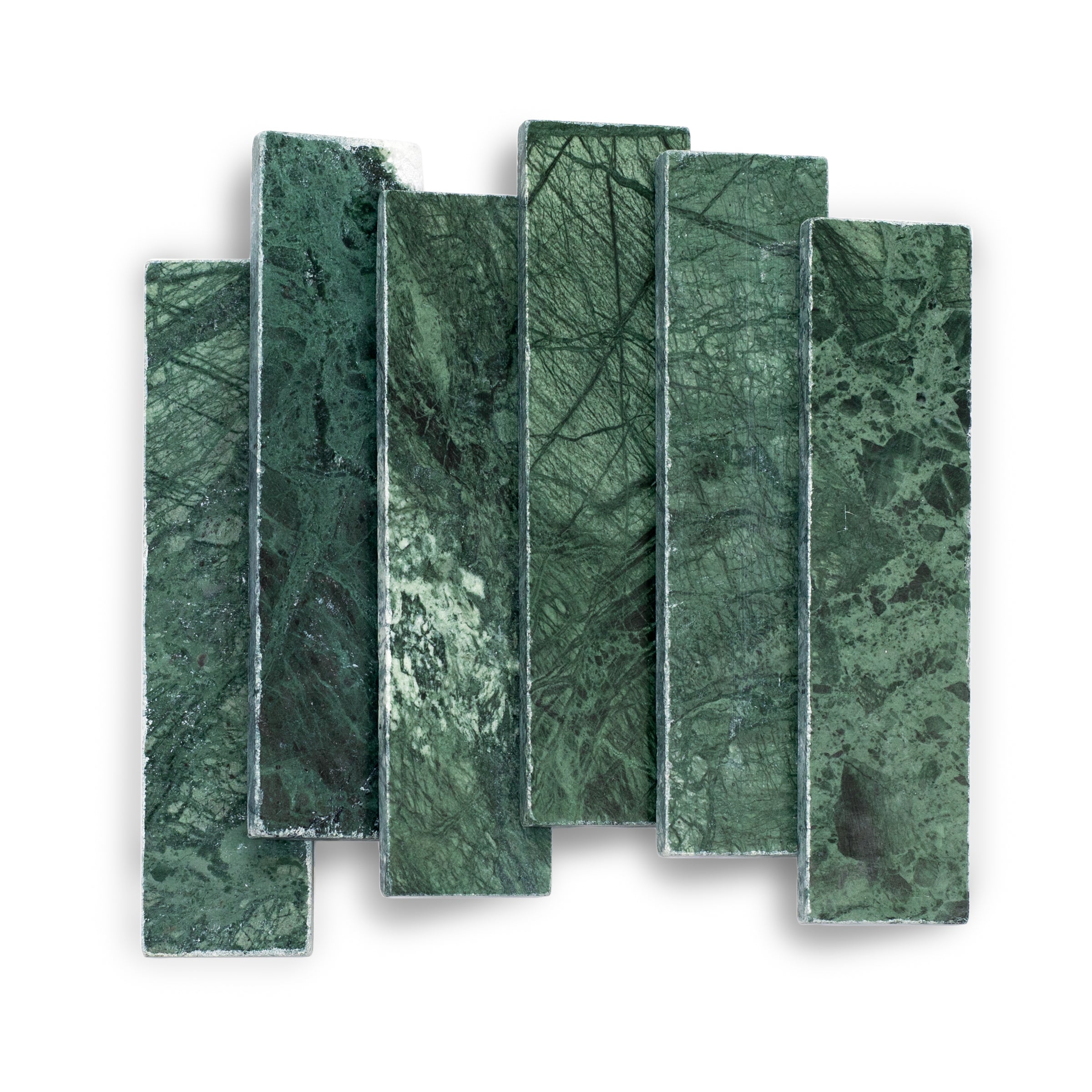 Verde Guatemala 2x8 Tumbled Marble Tile in rich green with bold veining from Tumbled Natural Stone Tiles Stone New Arrivals Best Sellers