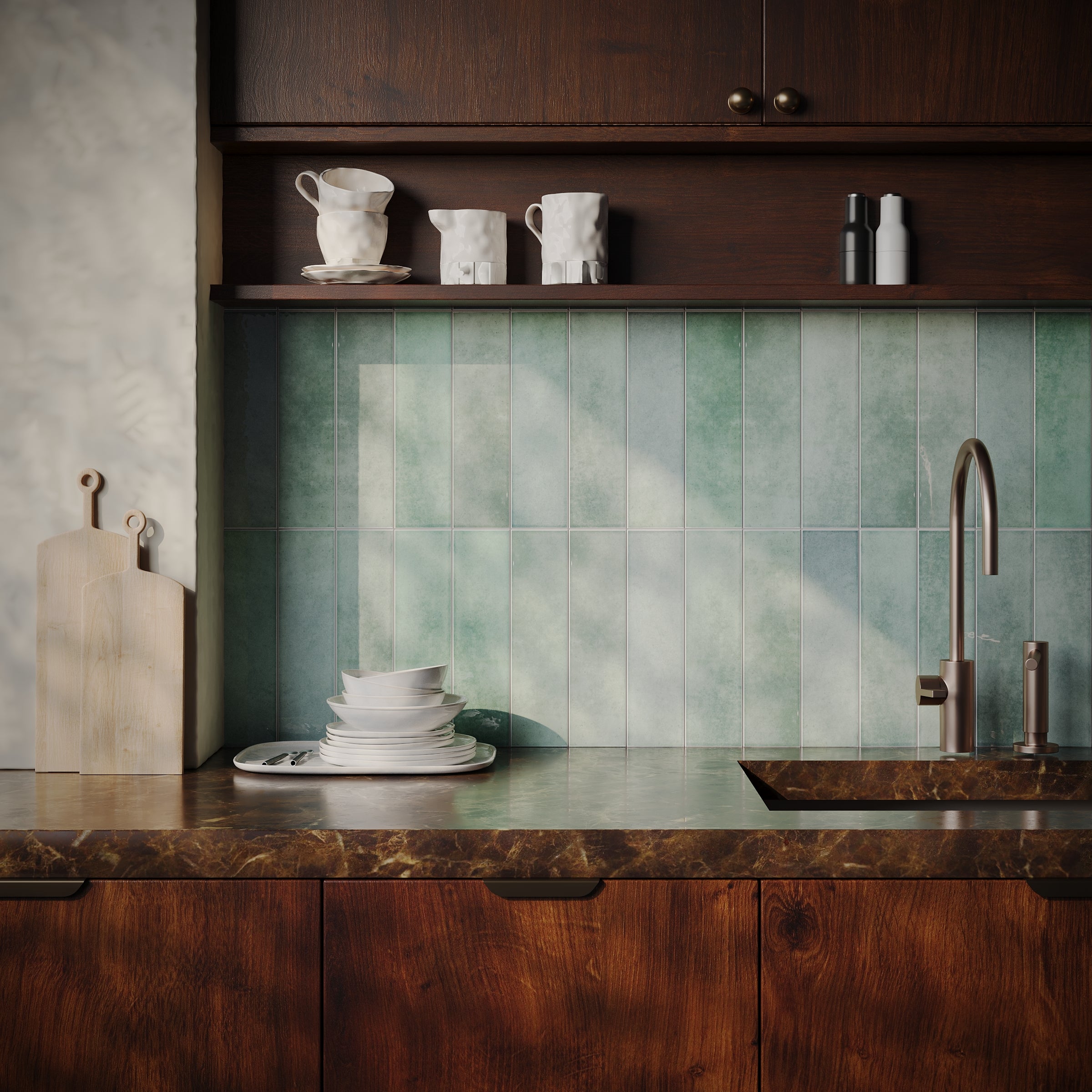 Vertical ceramic tiles in soft turquoise and pale blue hues form a subtle textured backsplash above a dark wood countertop and cabinetry