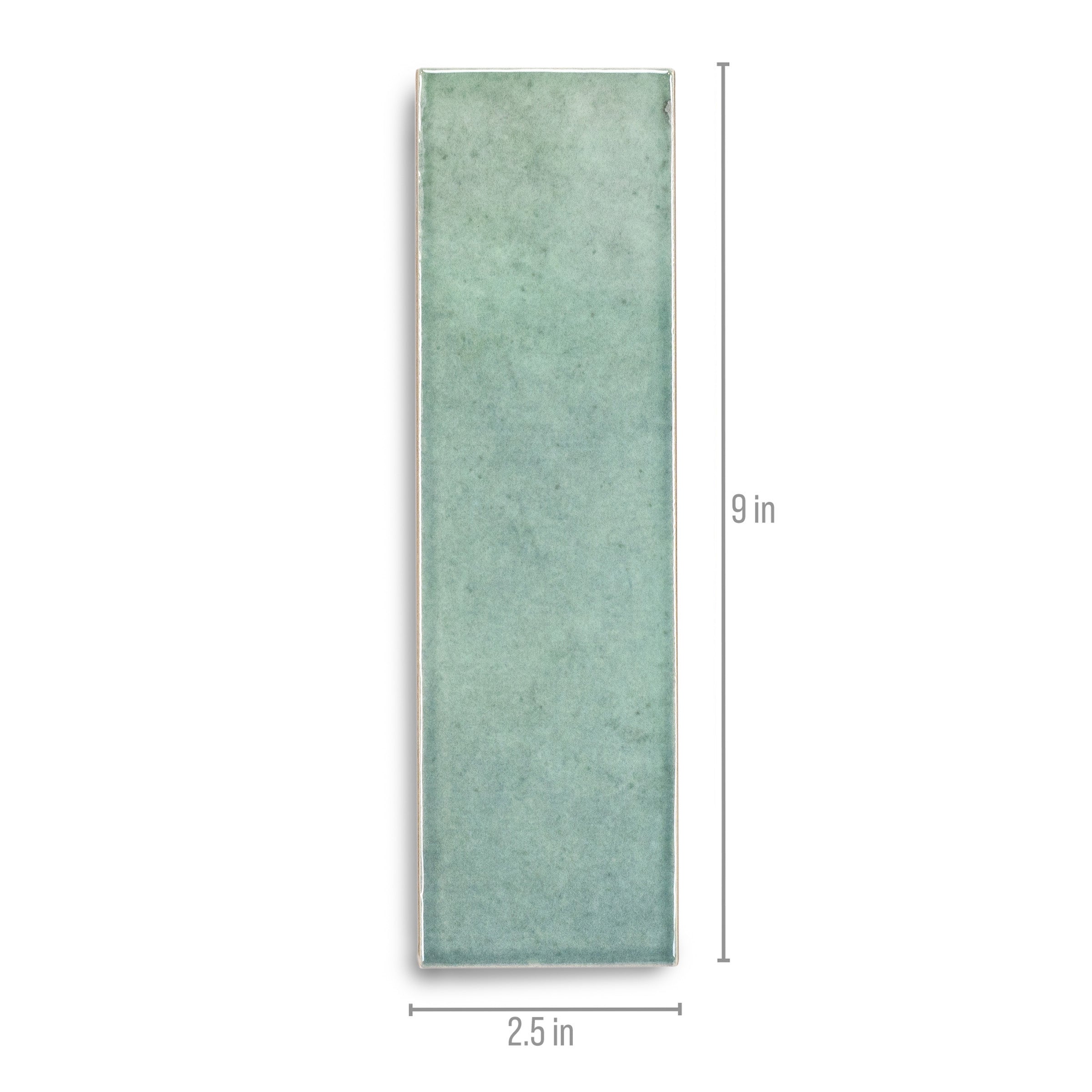 Rectangular turquoise ceramic tile with a smooth matte finish shown with length and width measurements