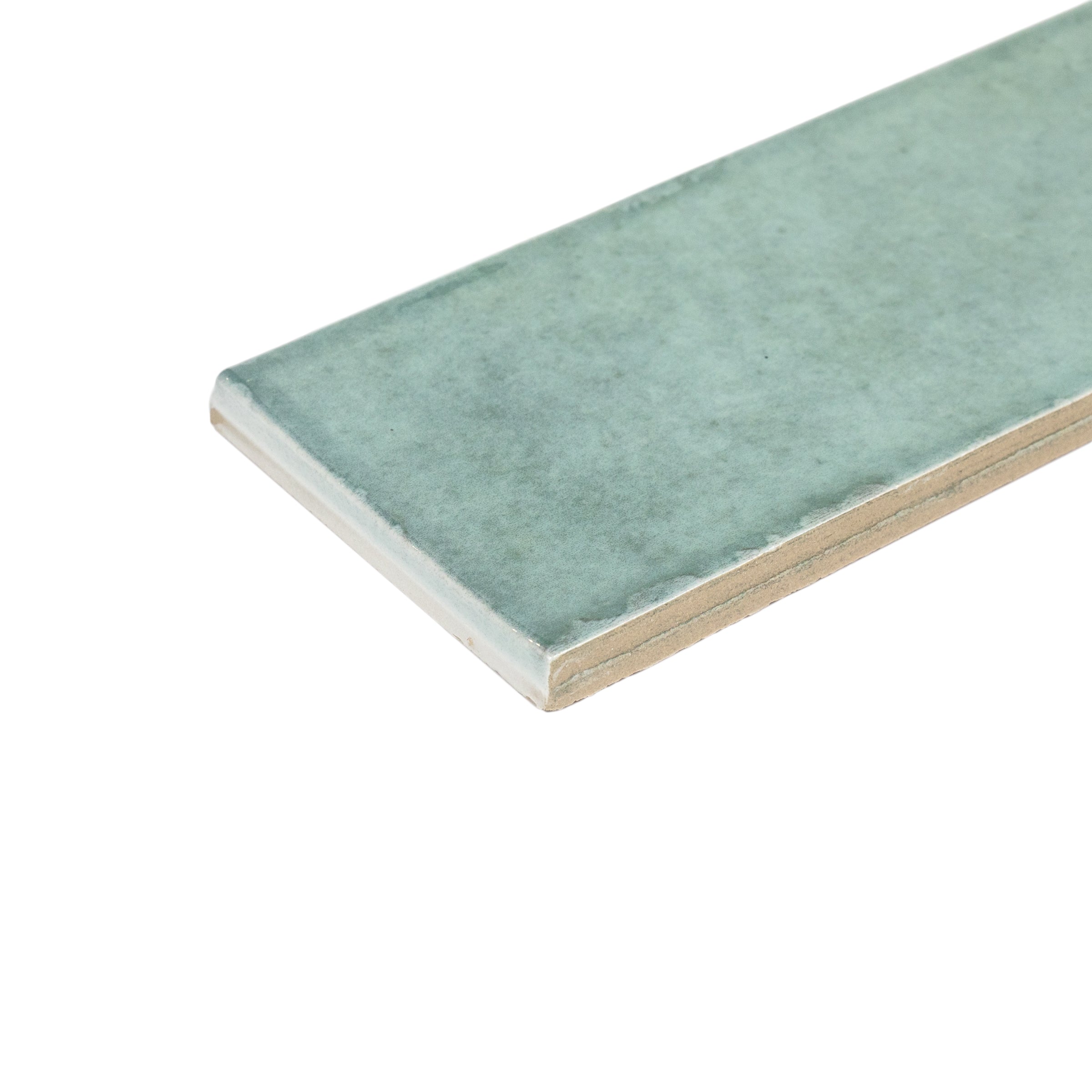 Single elongated ceramic tile in muted turquoise with a smooth, slightly glossy finish on a white background