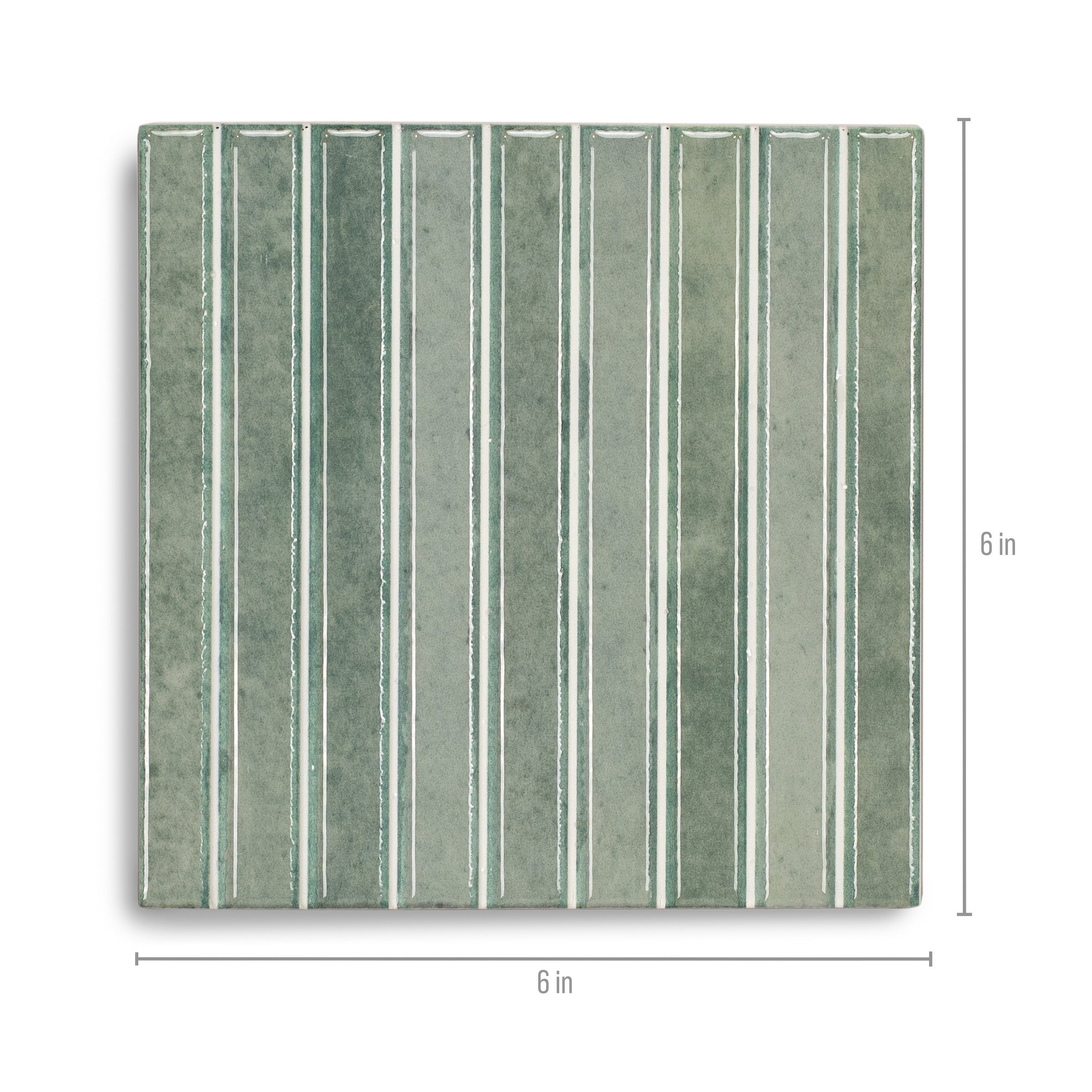 Square ceramic tile in soft turquoise shades with vertical white-lined stripes and a subtle textured finish