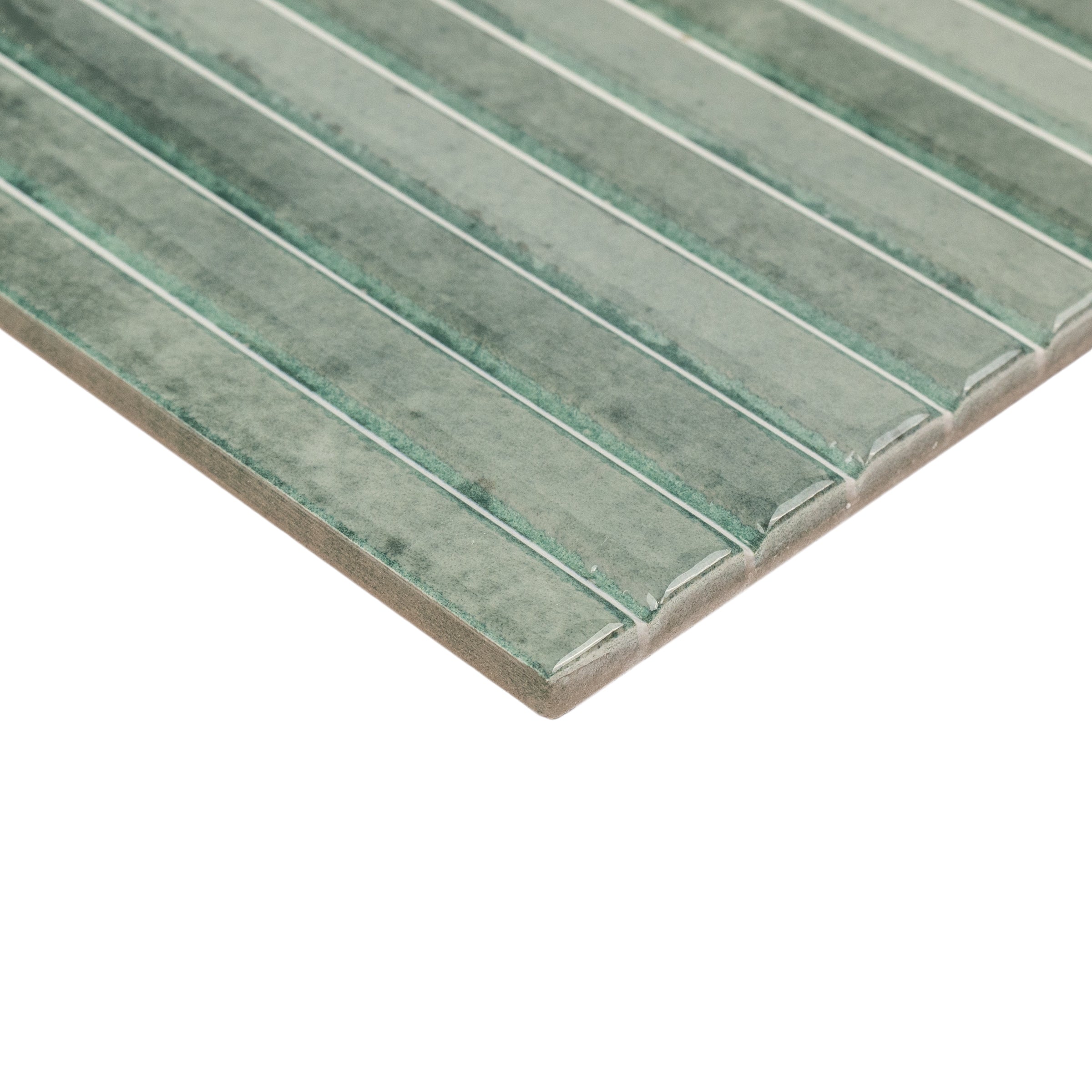 Close-up of narrow turquoise ceramic tile strips with a glossy textured finish and subtle color variation