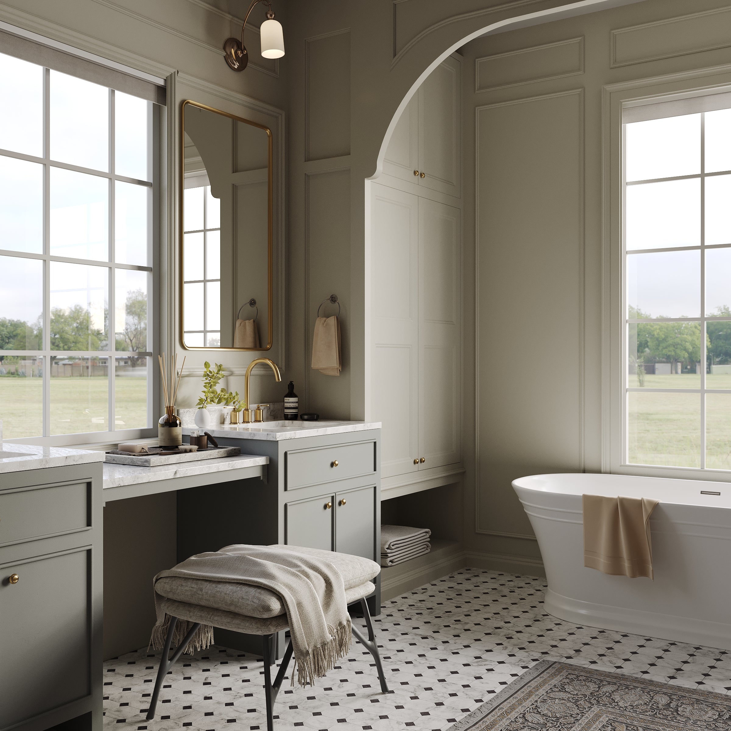 Spacious bathroom with ceramic tile floor, freestanding tub, large windows, vanity with marble countertop, and cushioned stool