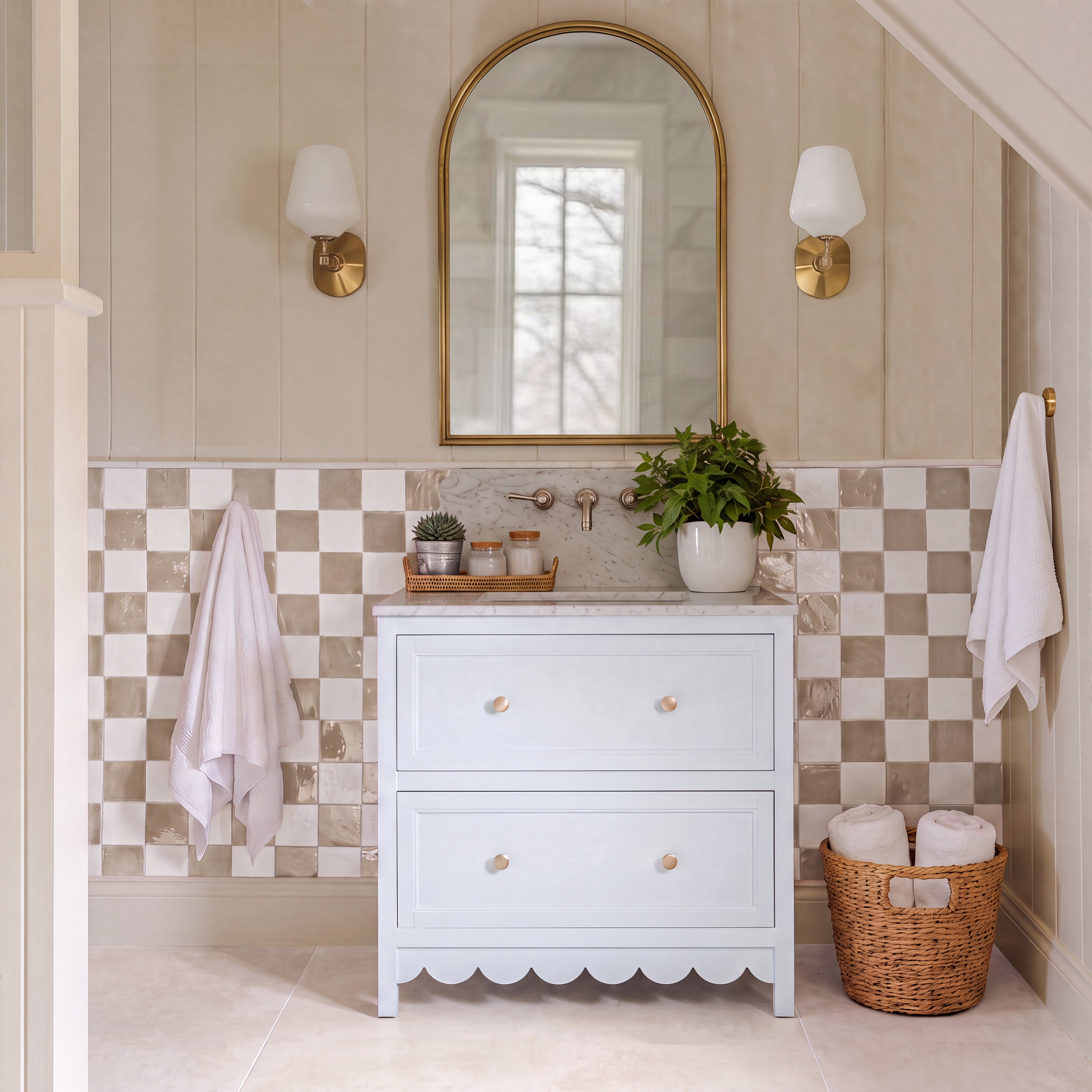 Bathroom vanity with two drawers and gold knobs, checkered tile backsplash, arched mirror, wall sconces, towels, and plant.