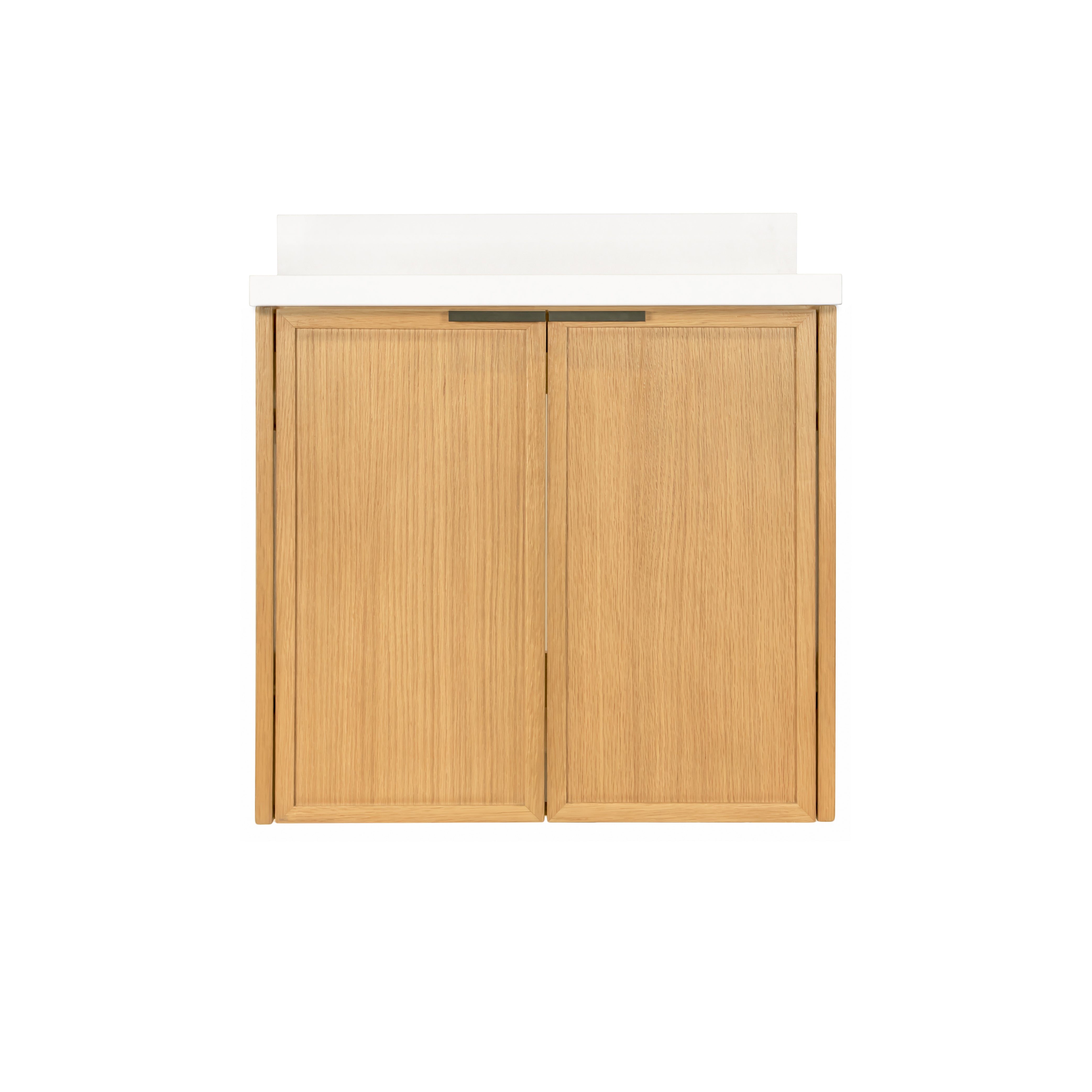 The Strand Bathroom Vanity in brown with slim shaker panel doors and white countertop from Bathroom Vanities and New Arrivals collections