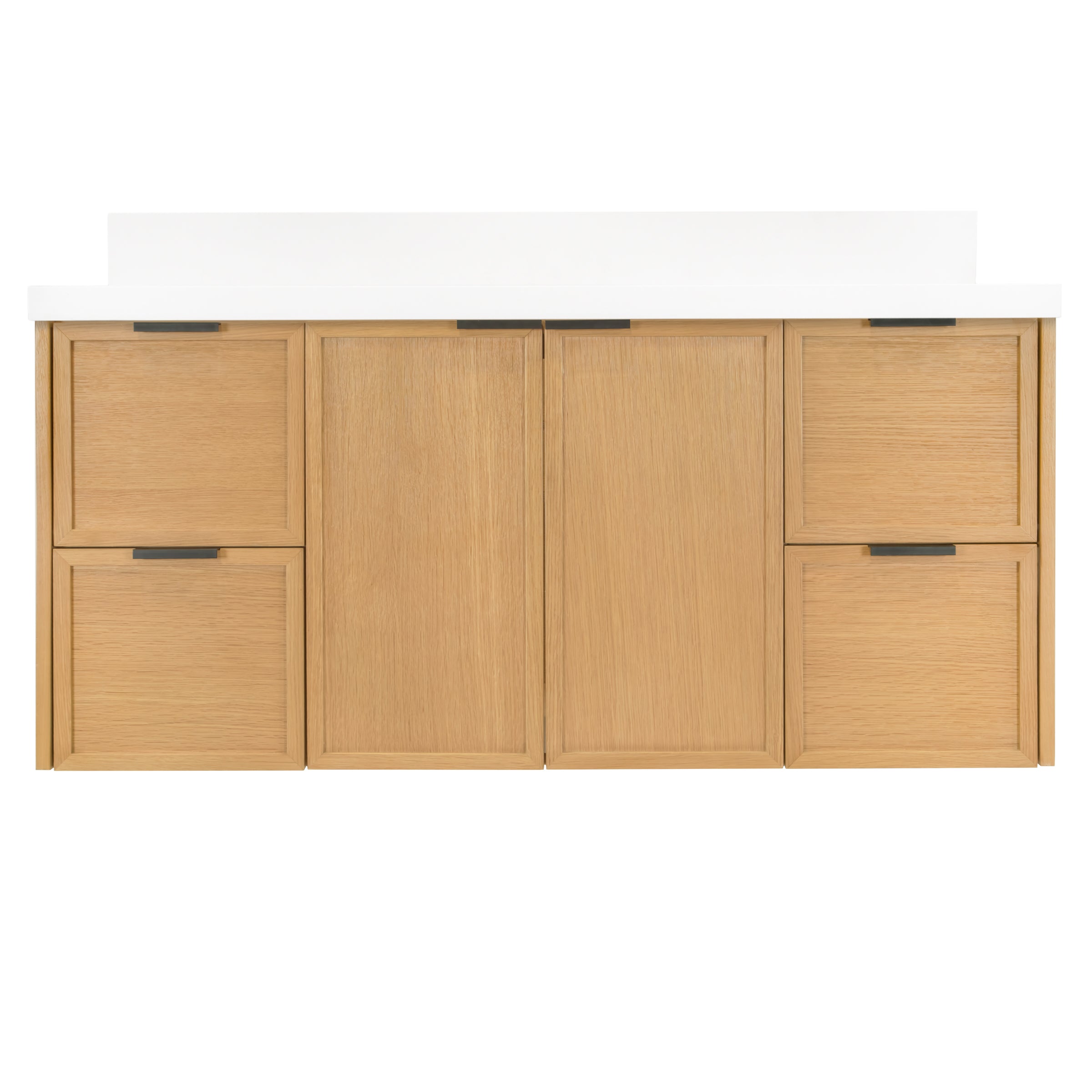 The Strand Bathroom Vanity in brown with slim shaker panel doors and white countertop from Bathroom Vanities collection