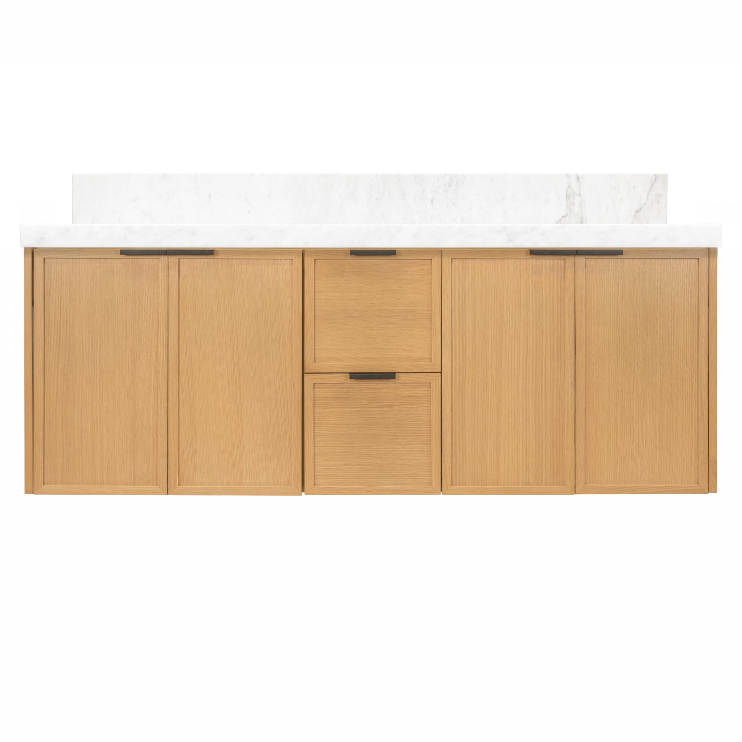 The Strand Bathroom Vanity in brown with slim shaker panel doors and white Carrara-style countertop from Bathroom Vanities collection