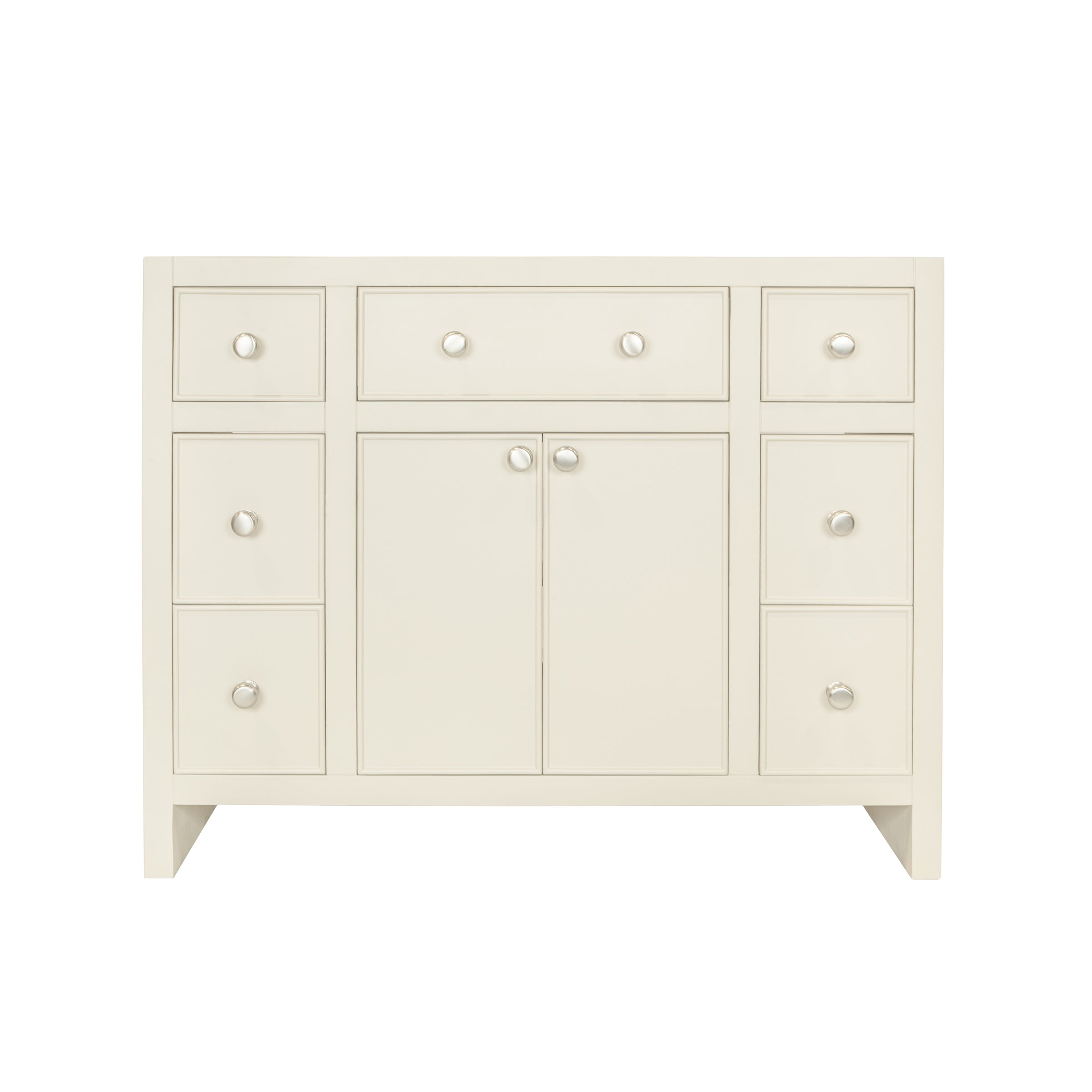 The Harlow Bathroom Vanity in beige plaster with inset doors, round knobs, leg-mounted from Bathroom Vanities and New Arrivals collections