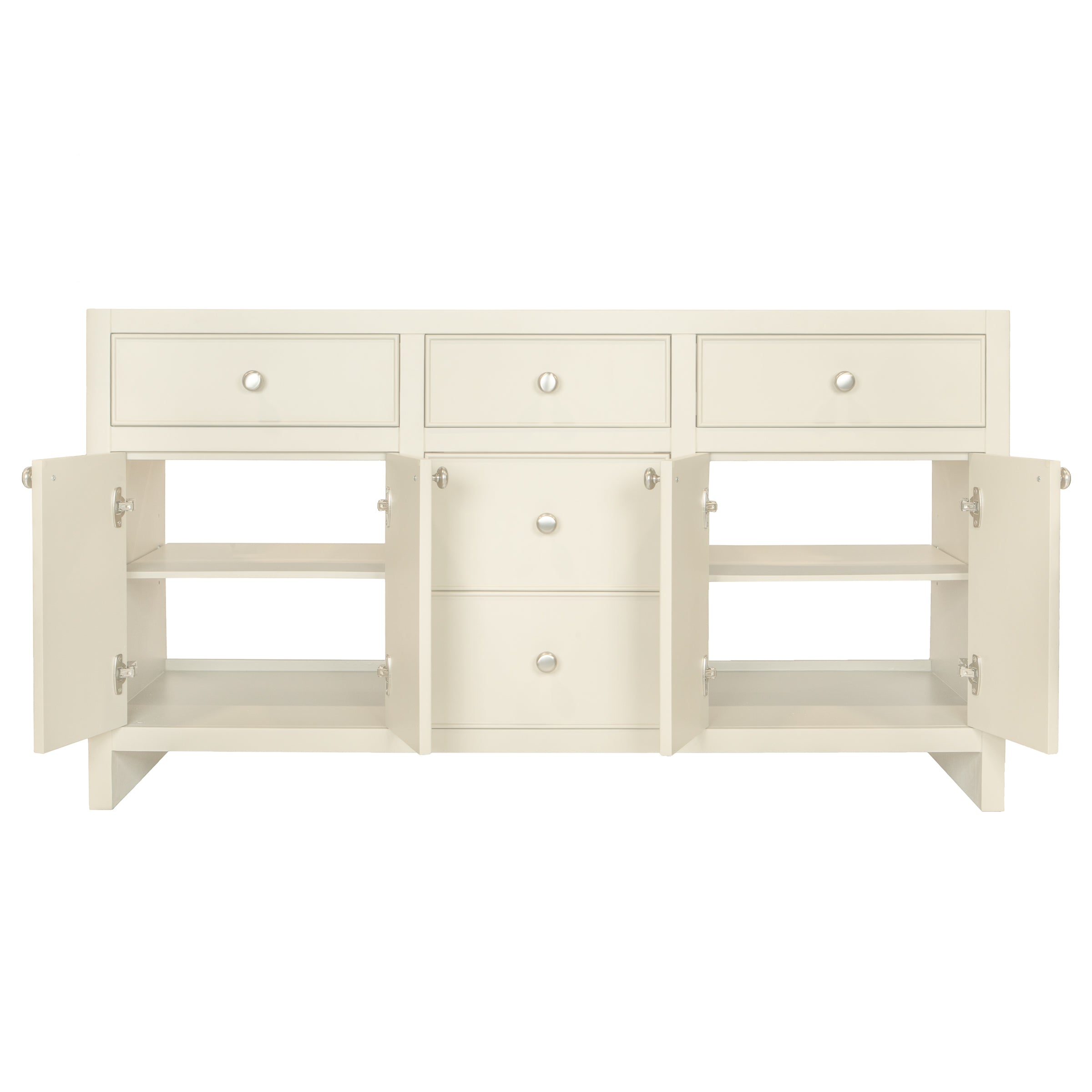 Cream-colored vanity with three upper drawers, two sets of double doors revealing shelves, and round silver knobs