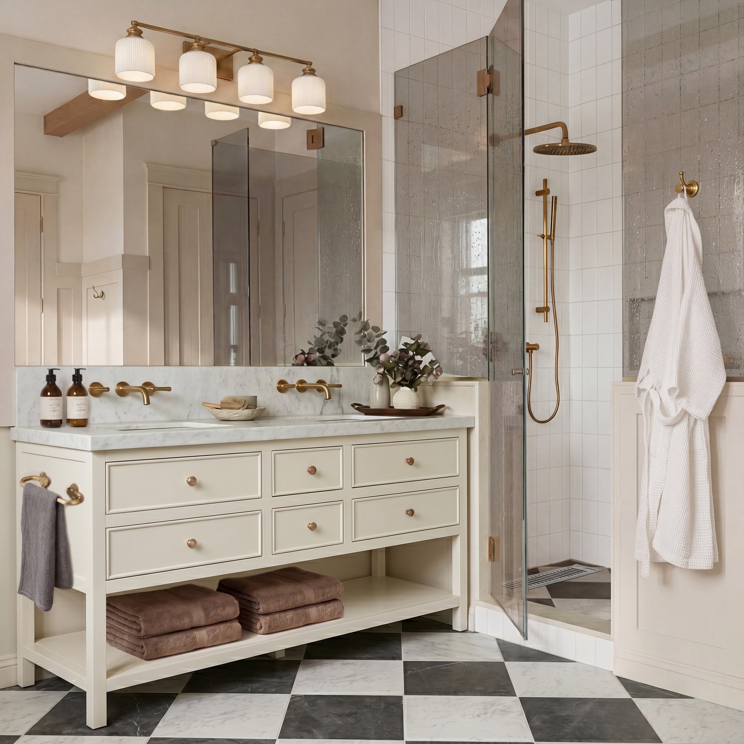 Bathroom featuring a cream double vanity with brass fixtures, marble countertop, glass shower, white wall tiles, and checkered floor tiles