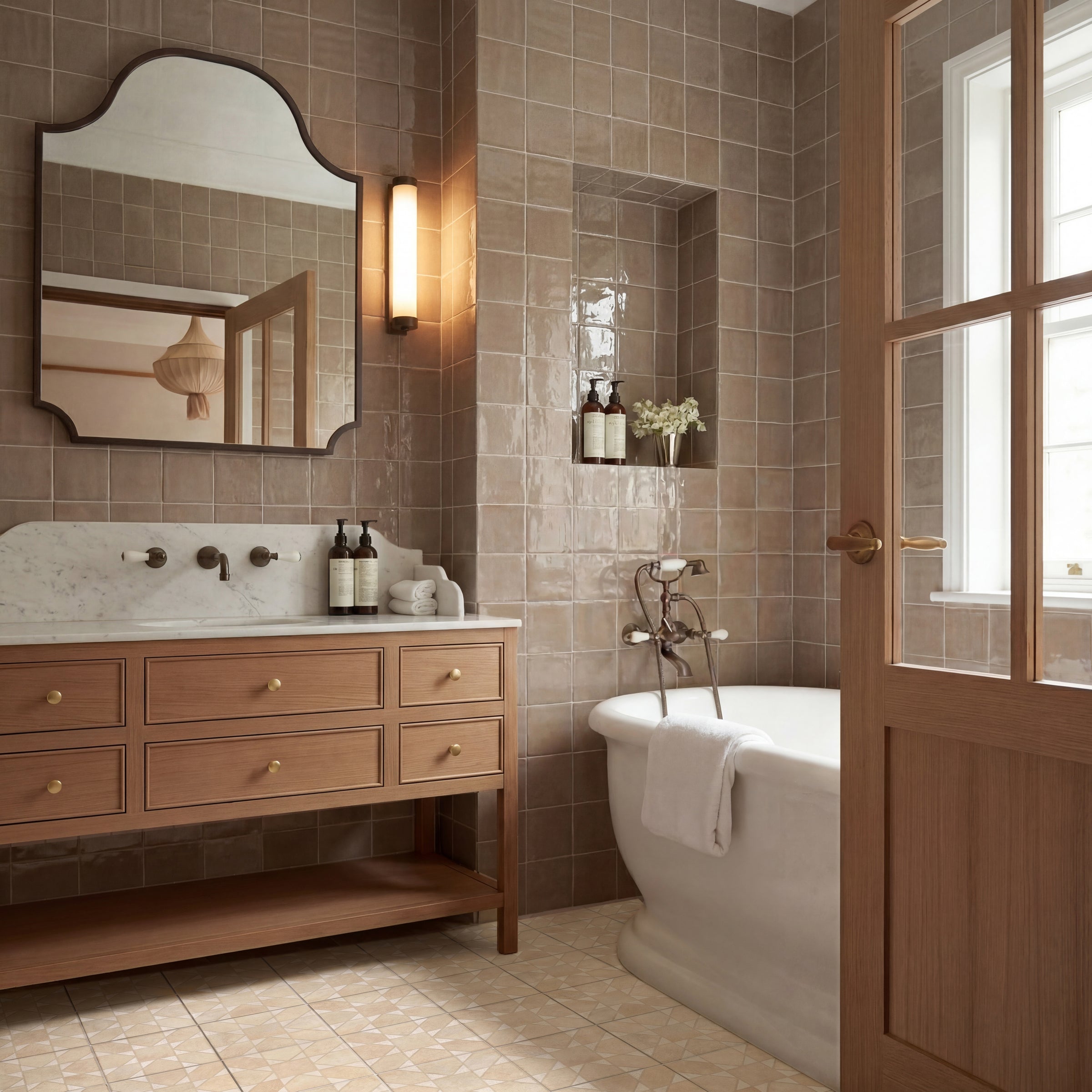 Bathroom with brown ceramic wall tiles, wooden vanity with marble top, freestanding bathtub, and glass panel door open