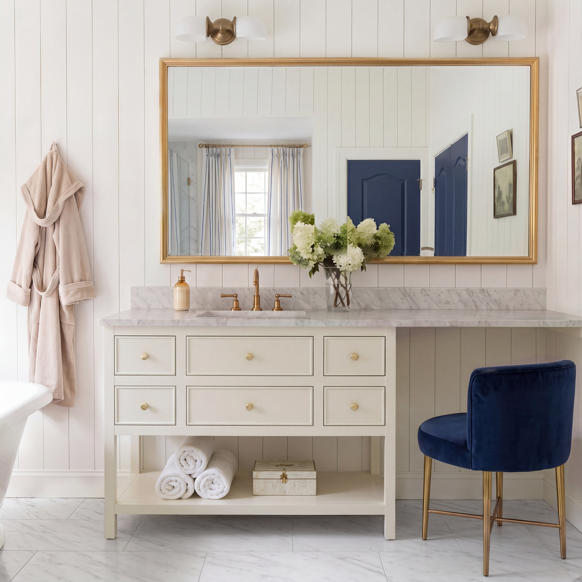 Cream-colored vanity with marble countertop, gold fixtures, large mirror, rolled towels, floral arrangement, and navy velvet chair