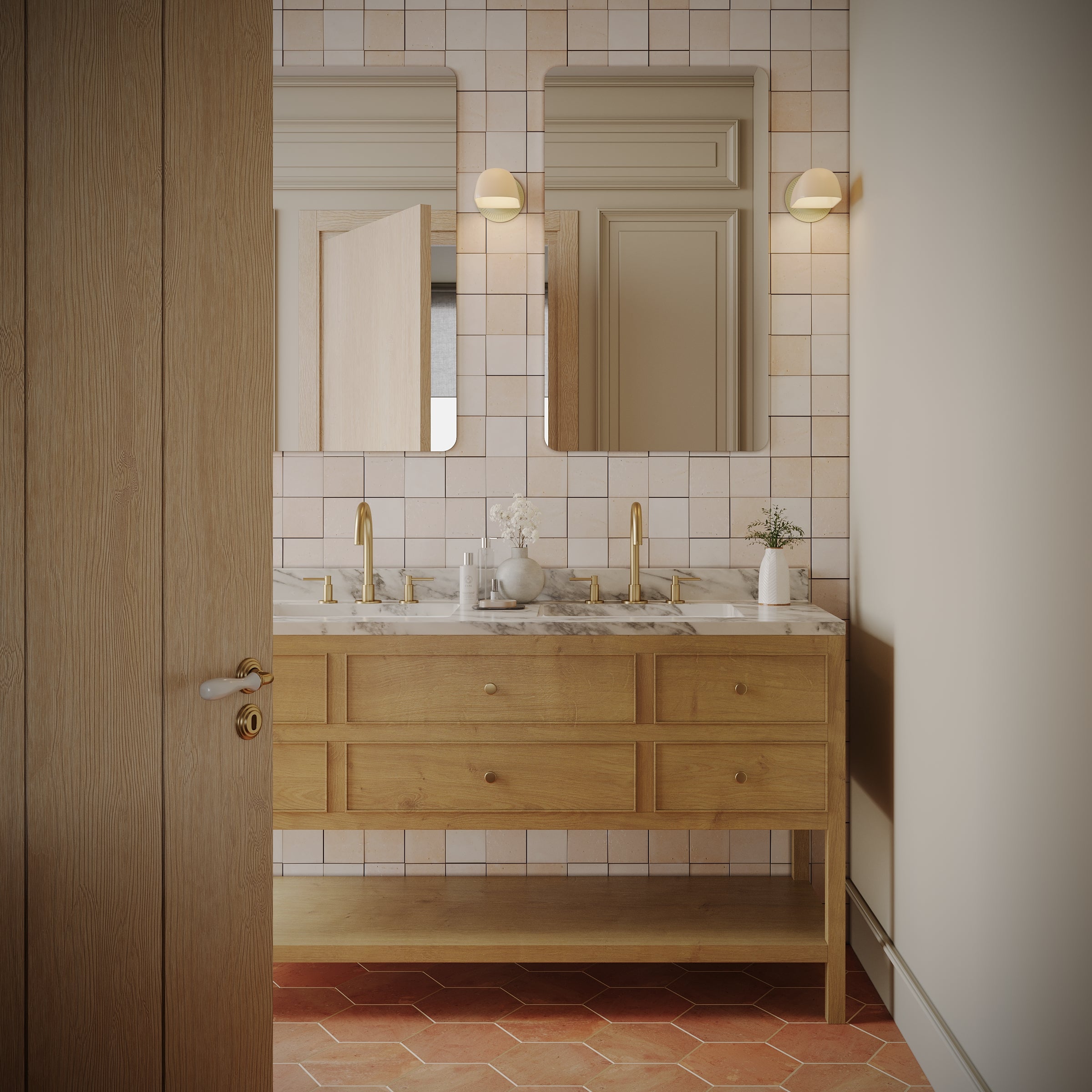 Classic Hexagon Textured Terracotta Tile flooring in warm brown with Small Format Tiles, Handmade Terracotta Tiles, Terracotta, New Arrivals collections