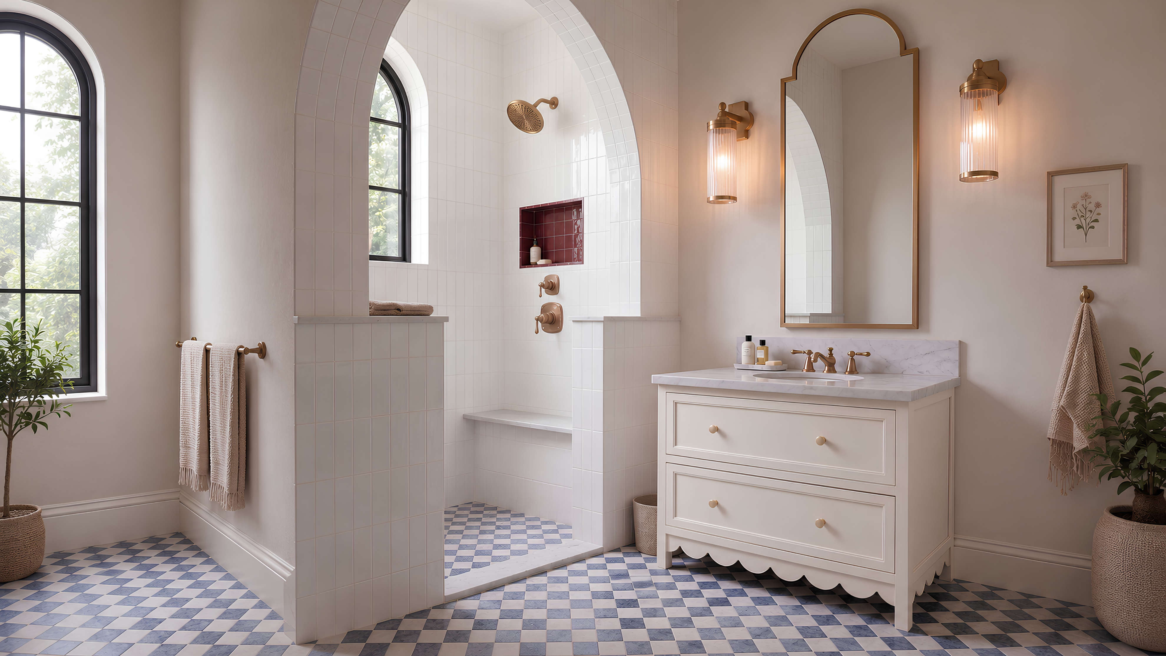 Bright bathroom with arched walk-in shower, white vanity, brass fixtures, patterned blue and white tile floor.