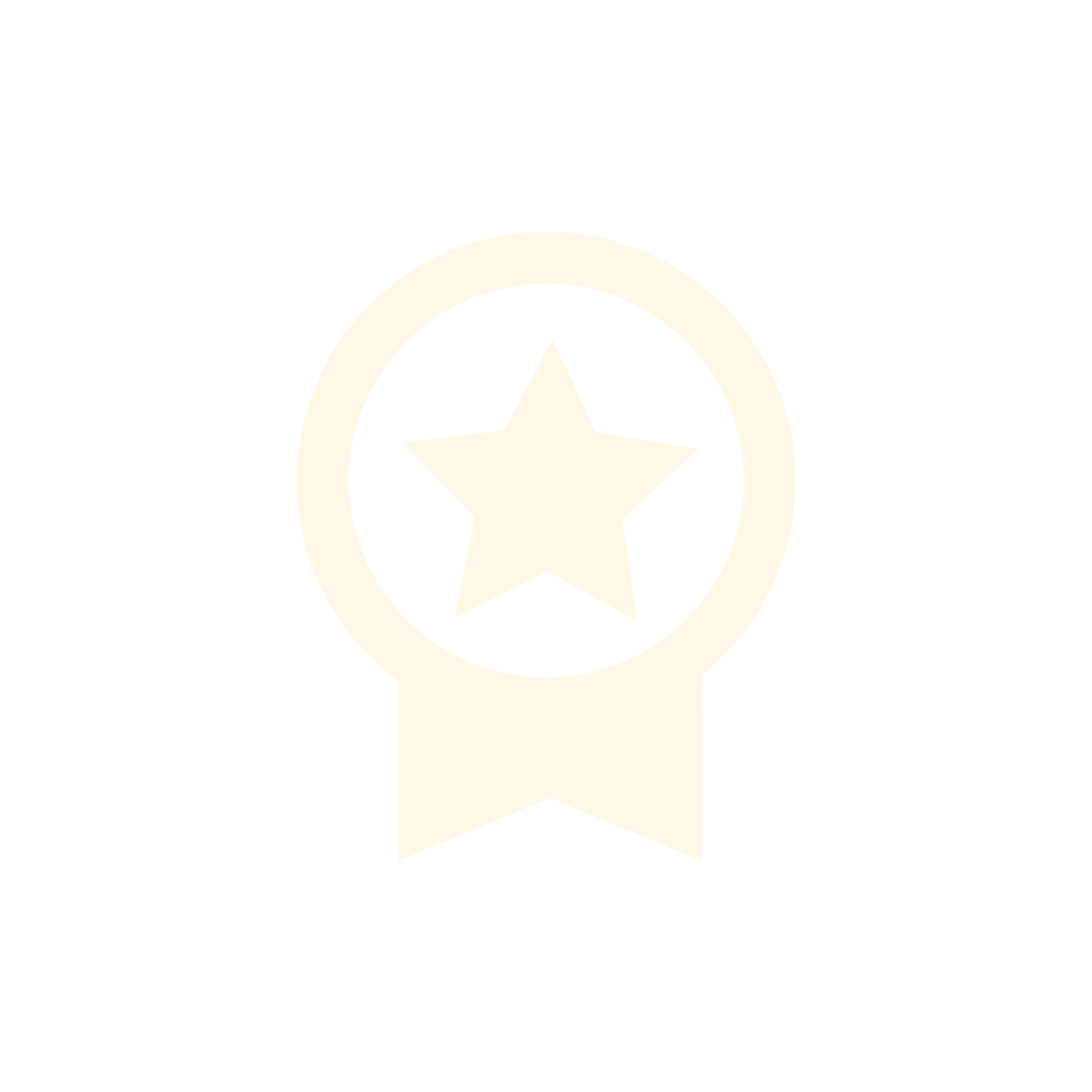 Cream-colored icon of a circular award badge with a star in the center and a ribbon below on a transparent background