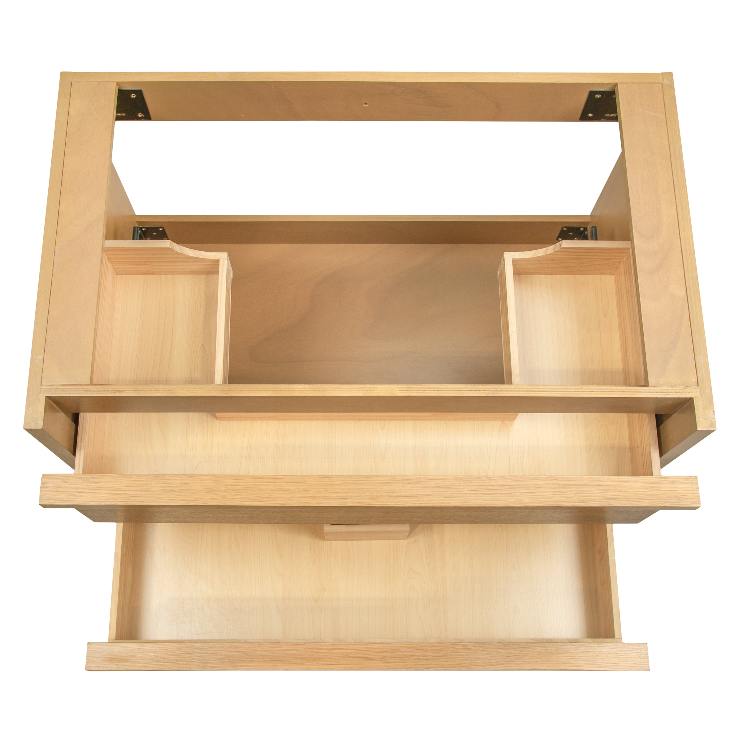 Light natural wood cabinet frame with an open top, two small side compartments, and a wide lower drawer extended forward