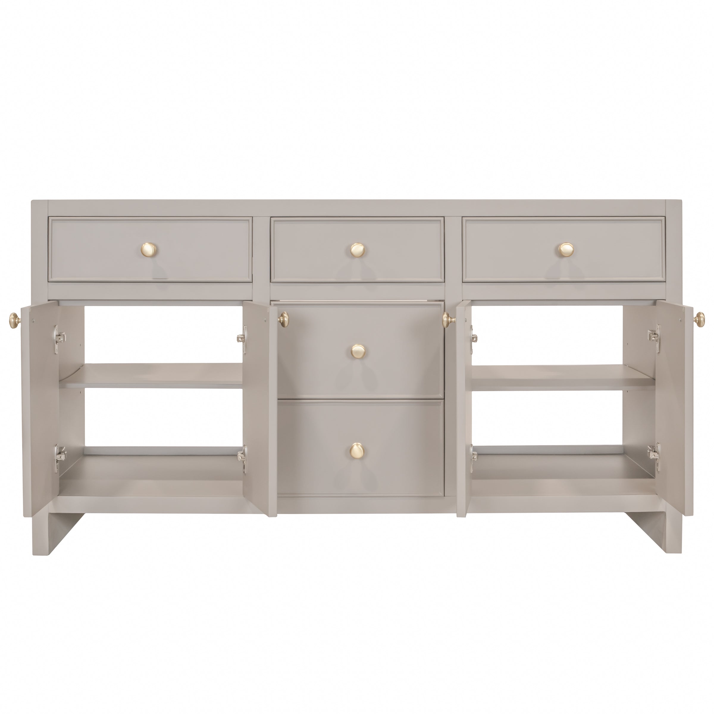 Wide taupe vanity with three drawers across top, two central drawers, and open double-door cabinets revealing shelves and small round knobs