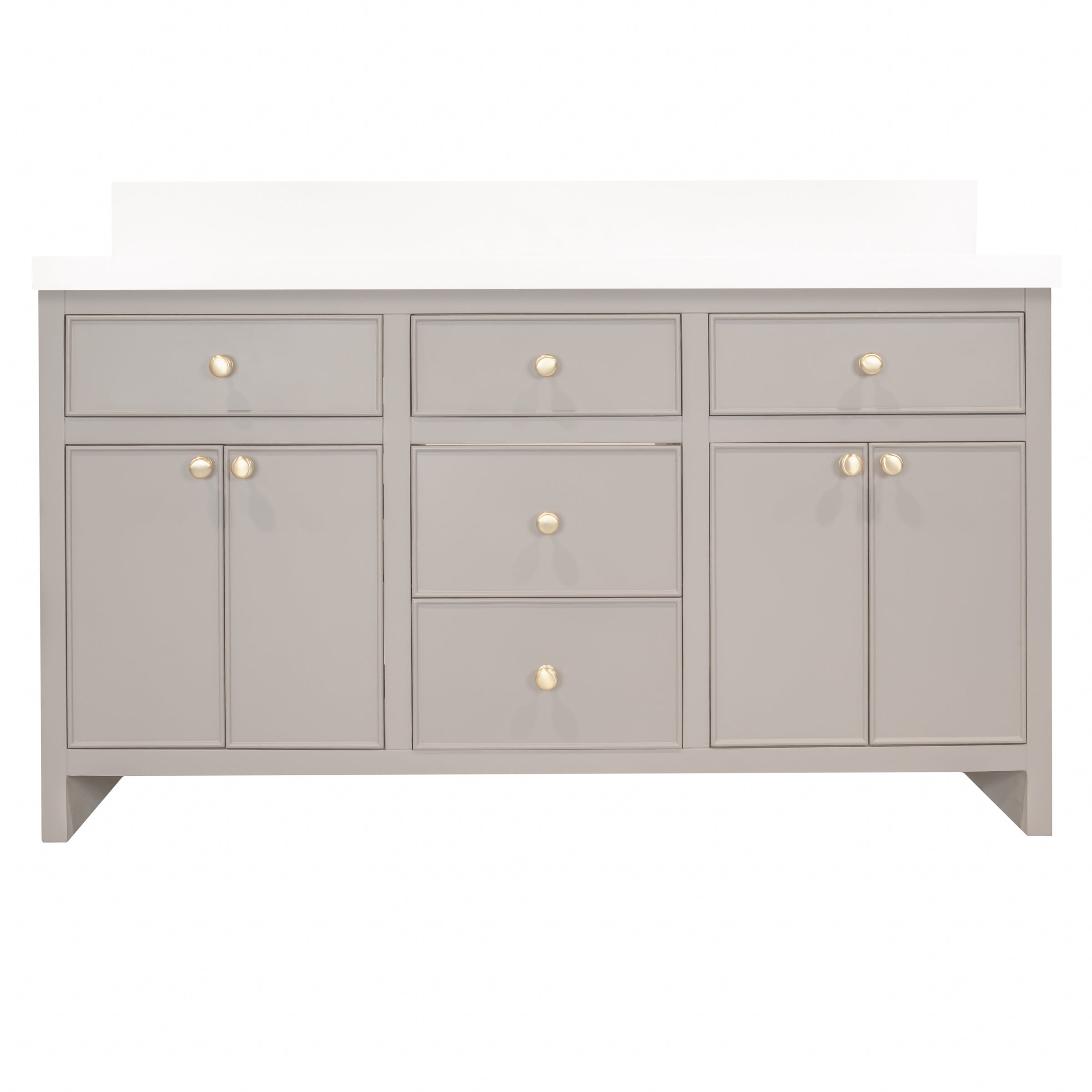 The Harlow Bathroom Vanity in gray and beige with round knob hardware, inset doors, leg-mounted from Bathroom Vanities collection